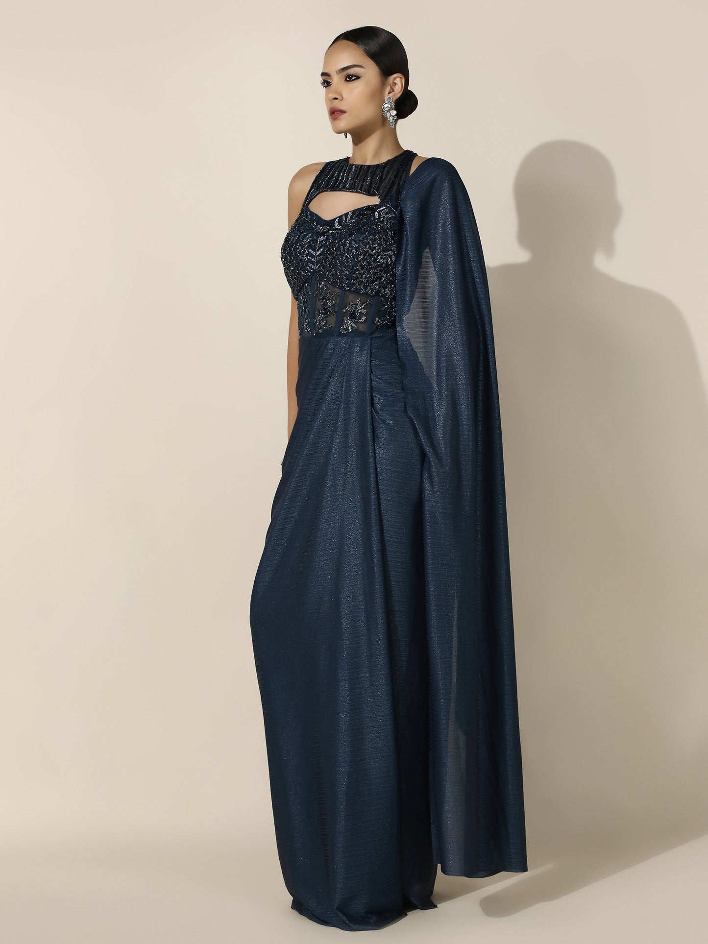 Navy Haulter Corset Drape Gown with Antique Silver Embroidery