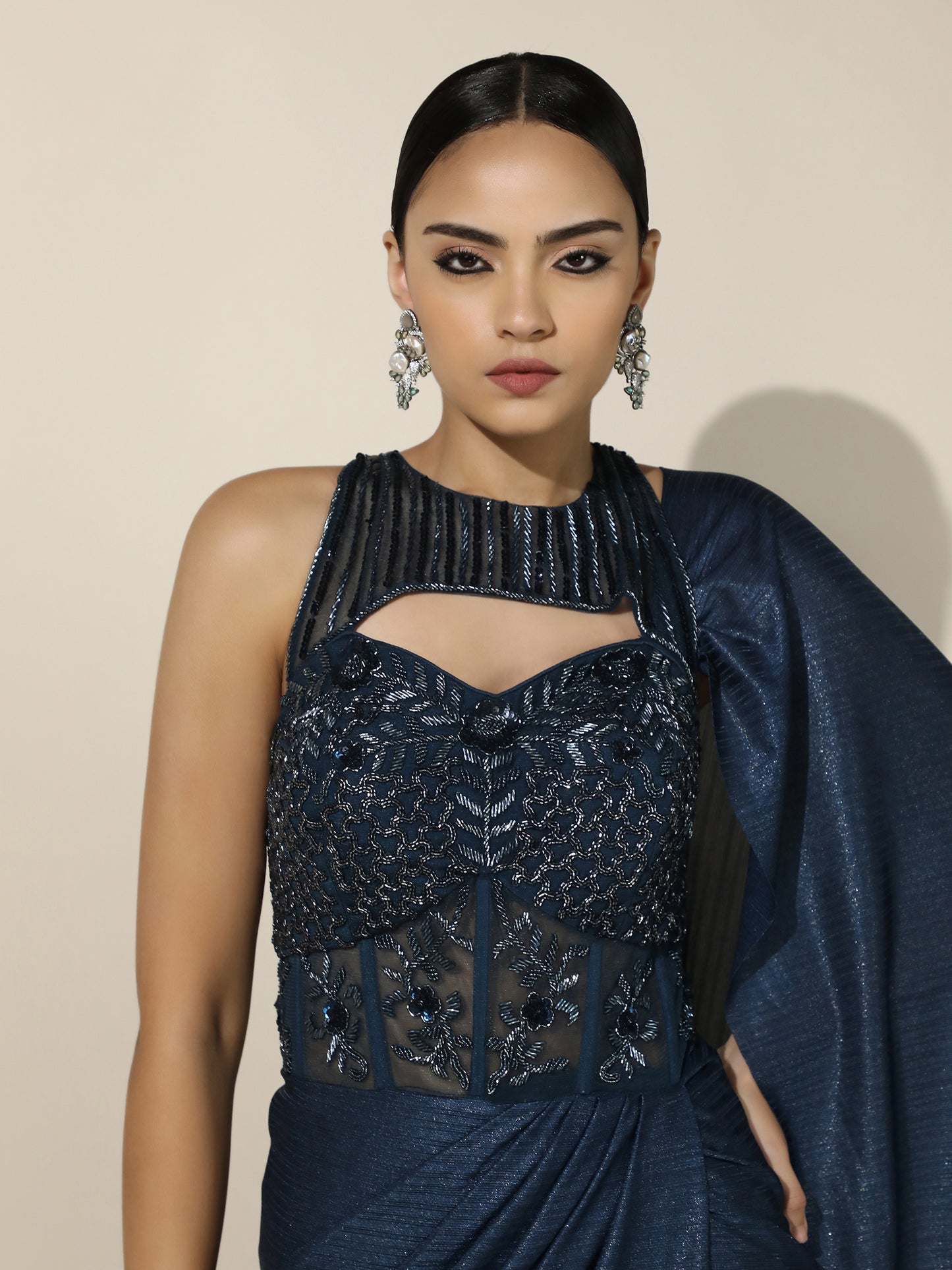 Navy Haulter Corset Drape Gown with Antique Silver Embroidery