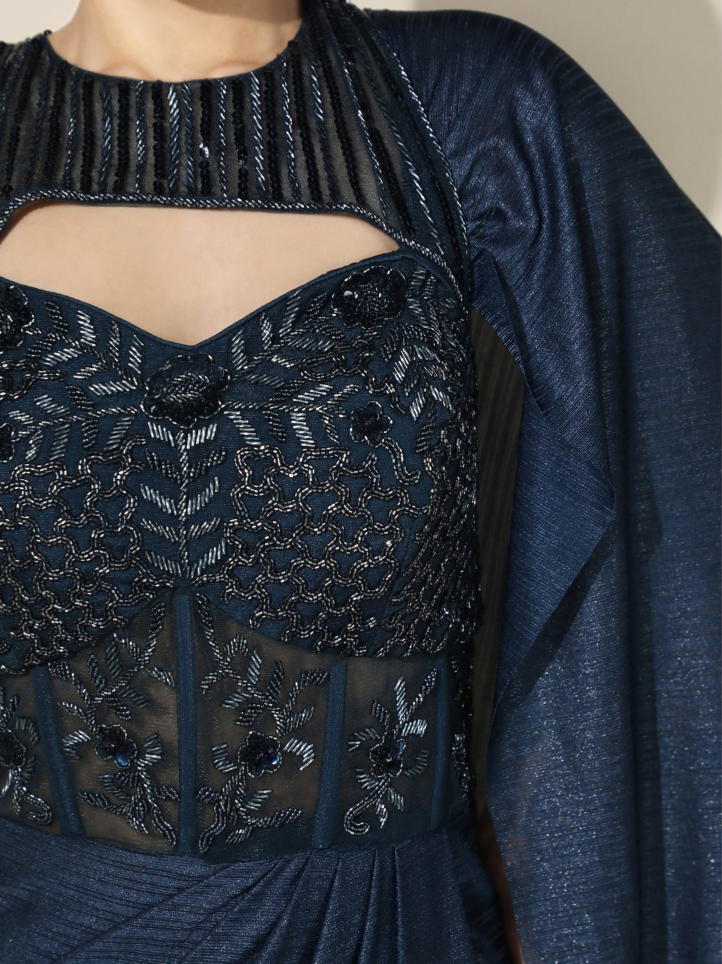 Navy Haulter Corset Drape Gown with Antique Silver Embroidery