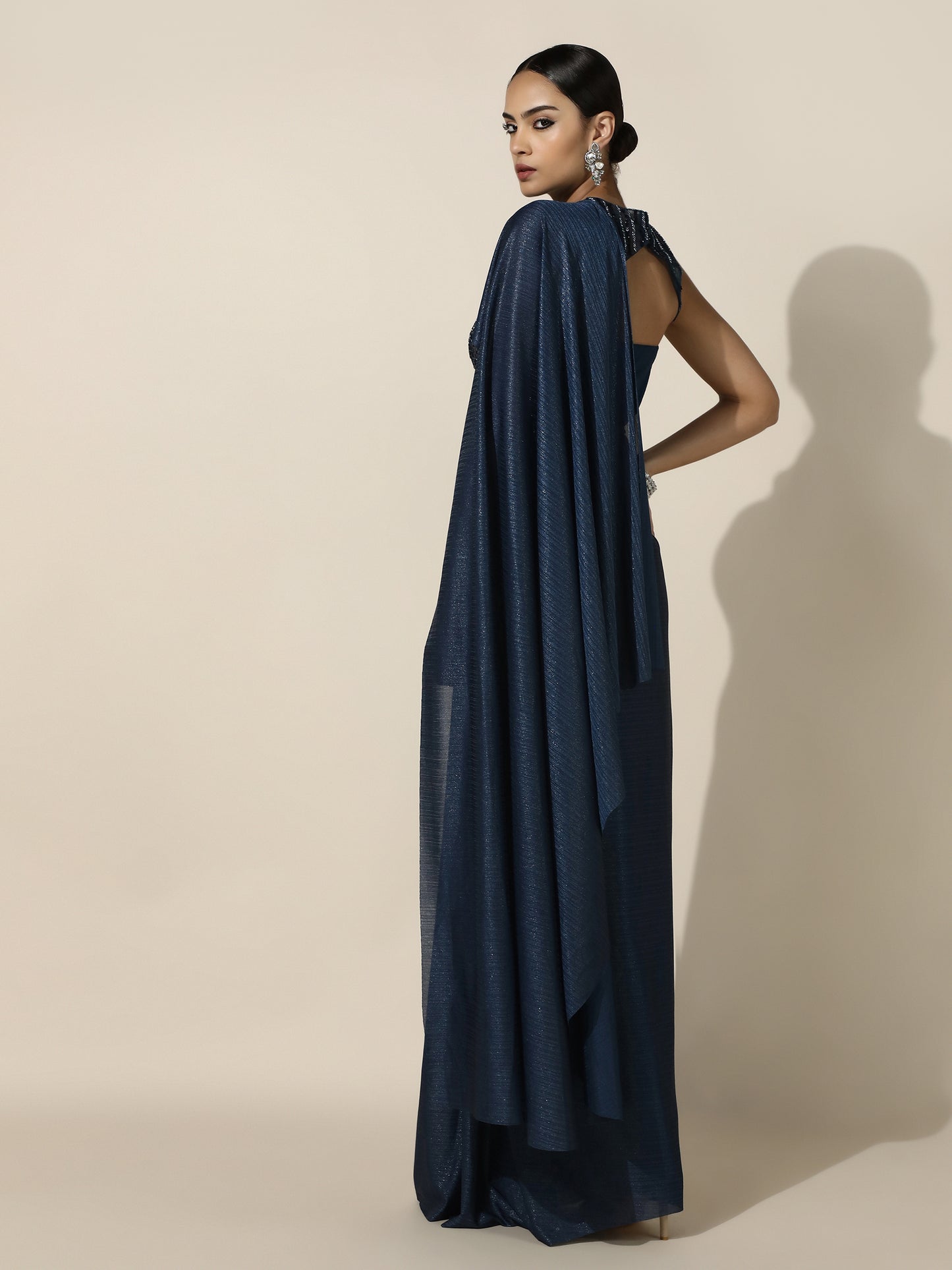 Navy Haulter Corset Drape Gown with Antique Silver Embroidery