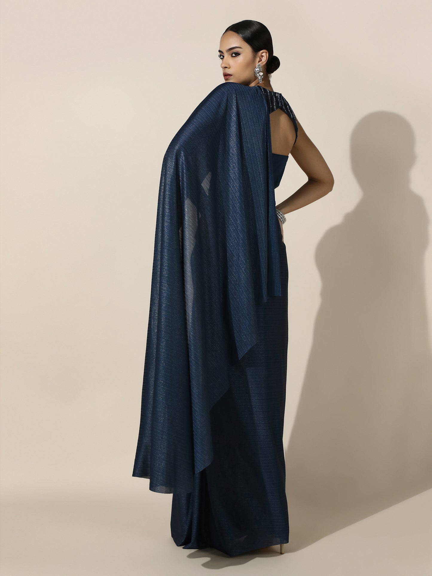 Navy Haulter Corset Drape Gown with Antique Silver Embroidery