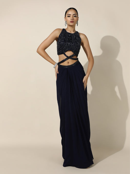 Midnight Blue Crossbody Halter Drape Ensemble