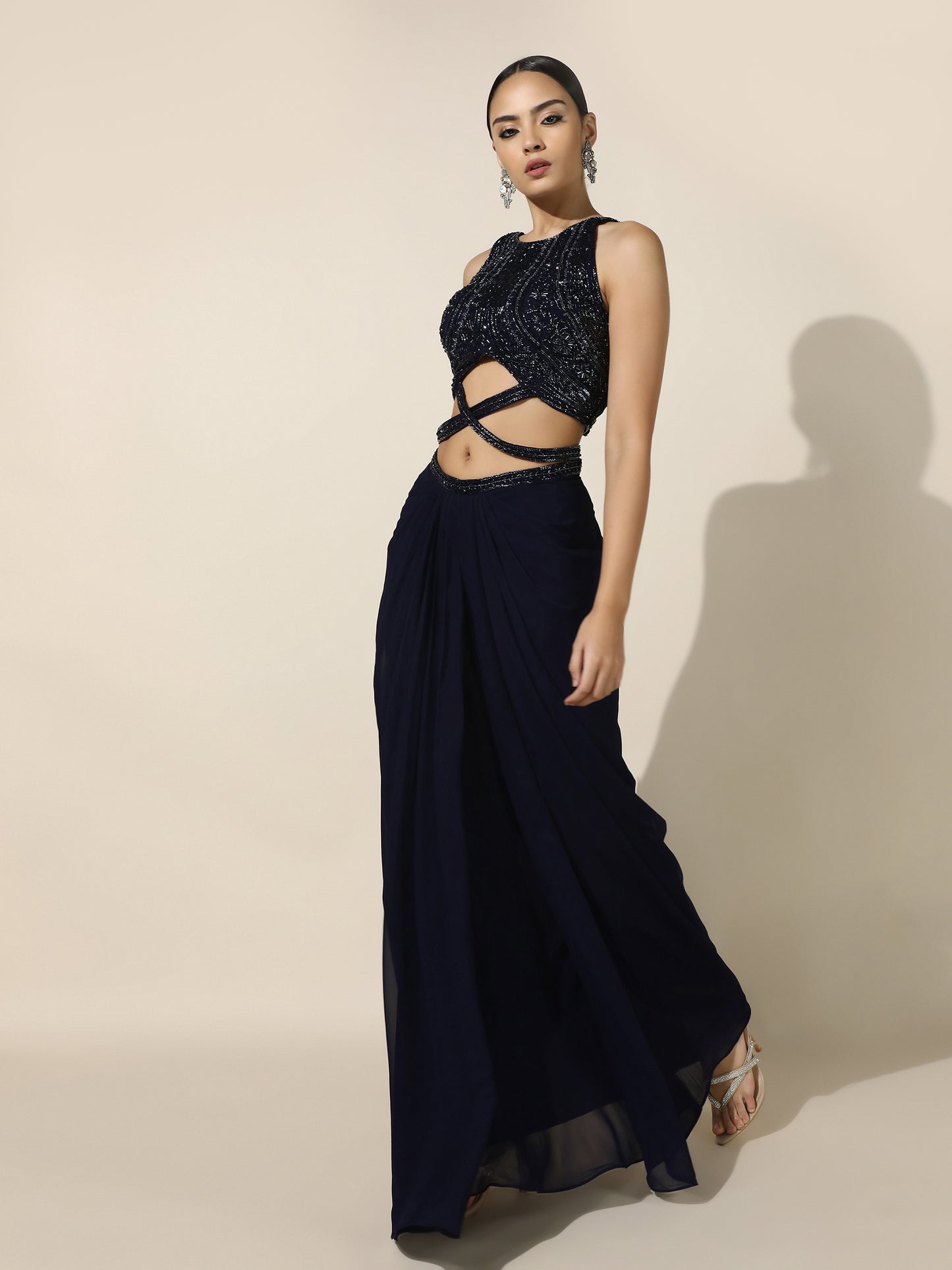 Midnight Blue Crossbody Halter Drape Ensemble