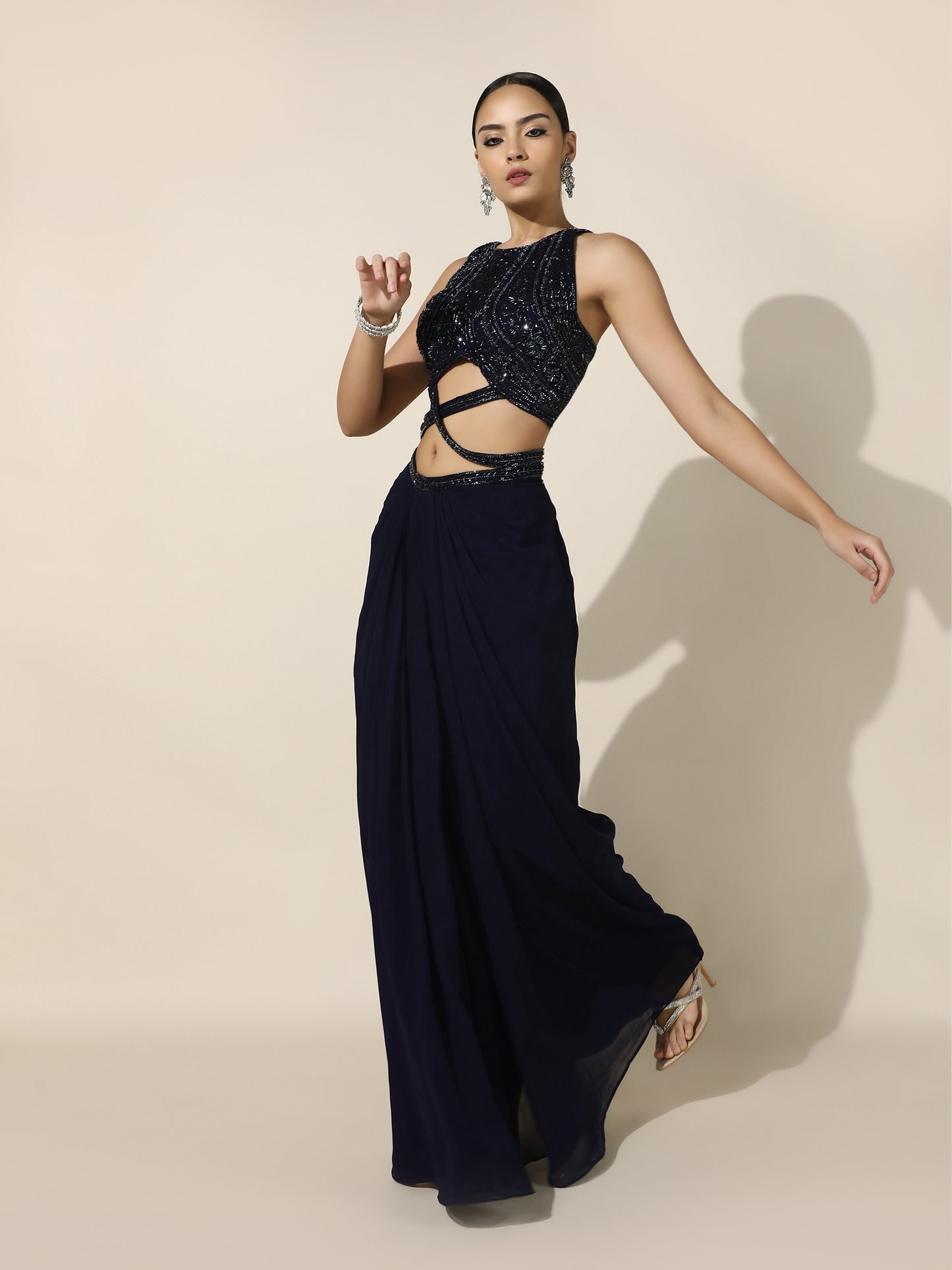 Midnight Blue Crossbody Halter Drape Ensemble
