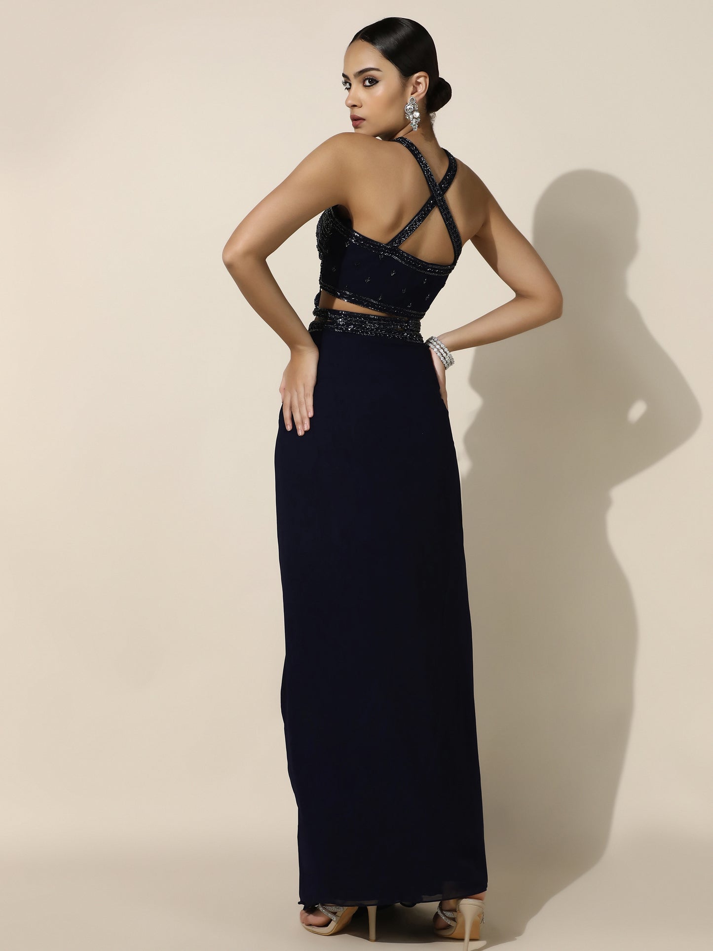 Midnight Blue Crossbody Halter Drape Ensemble
