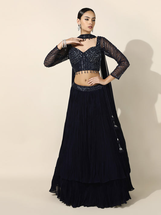 Midnight Blue Crushed Georgette Lehenga with Choker Dupatta