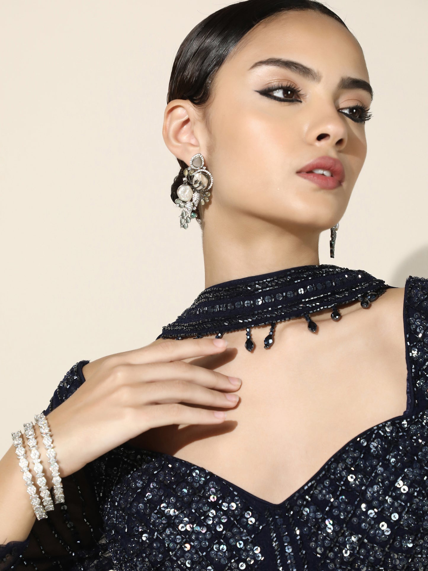 Midnight Blue Crushed Georgette Lehenga with Choker Dupatta