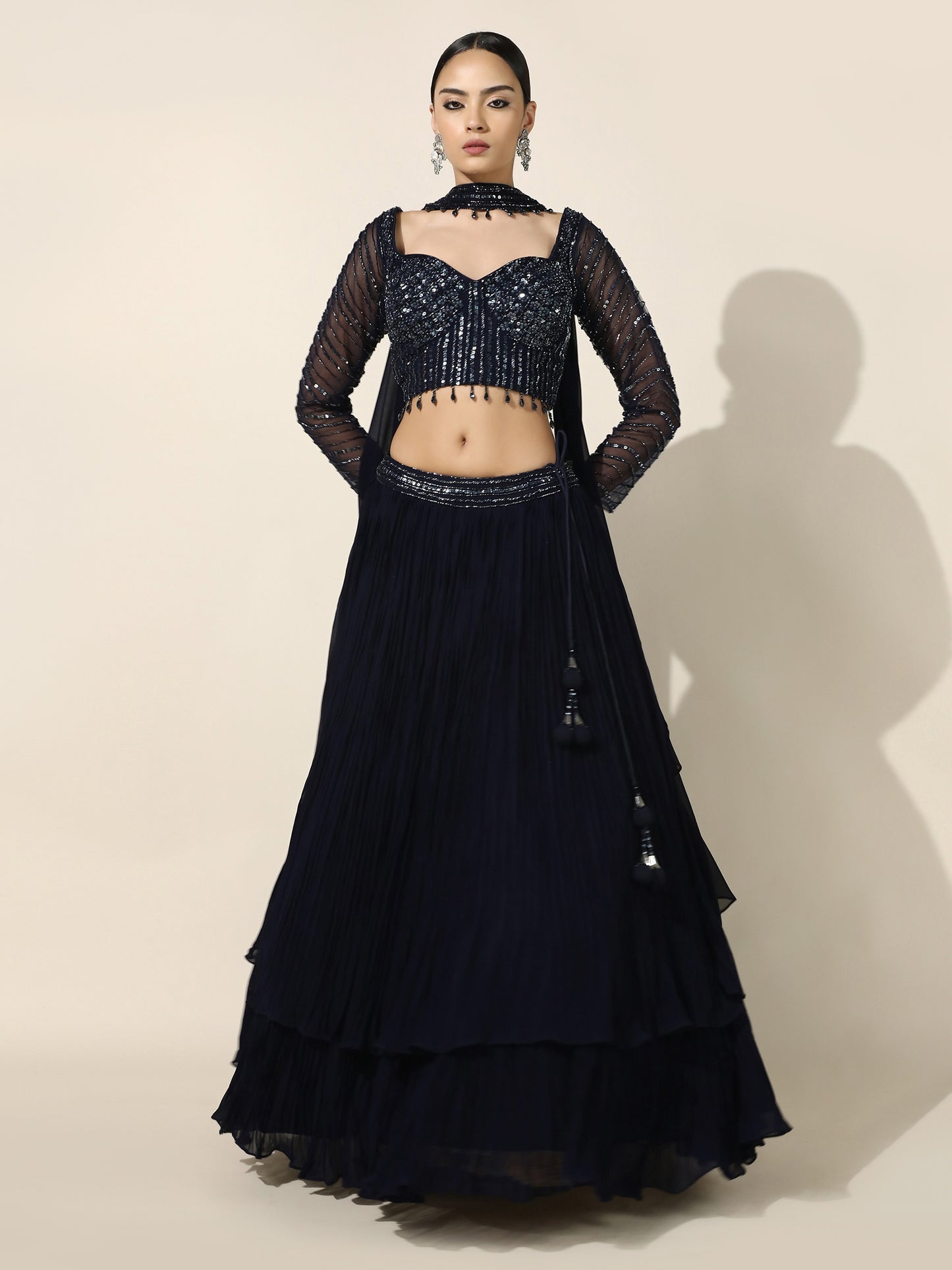 Midnight Blue Crushed Georgette Lehenga with Choker Dupatta