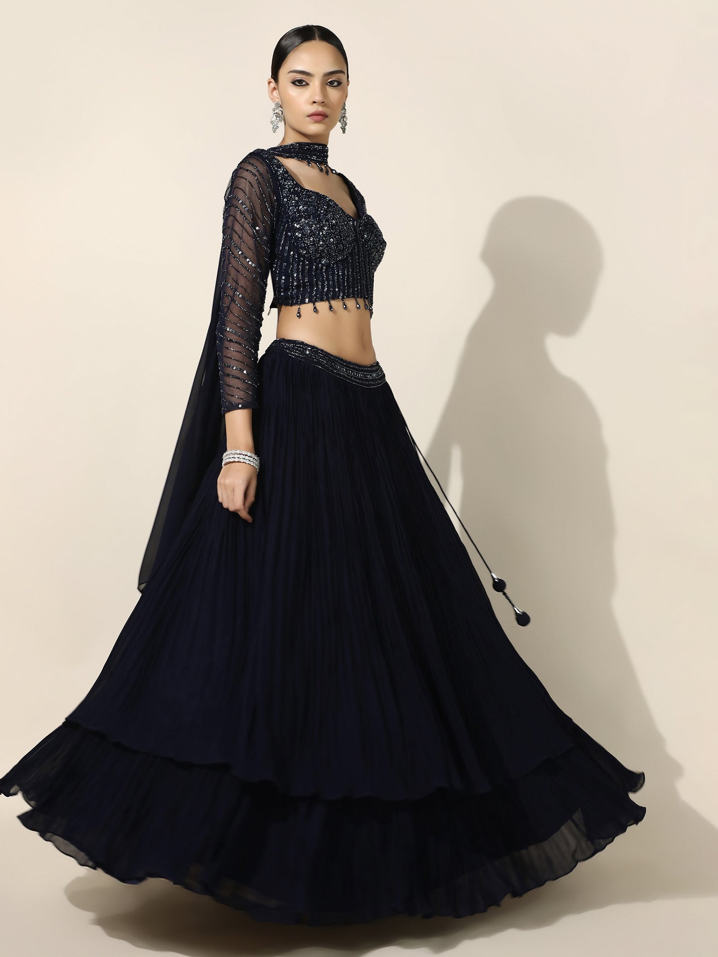 Midnight Blue Crushed Georgette Lehenga with Choker Dupatta
