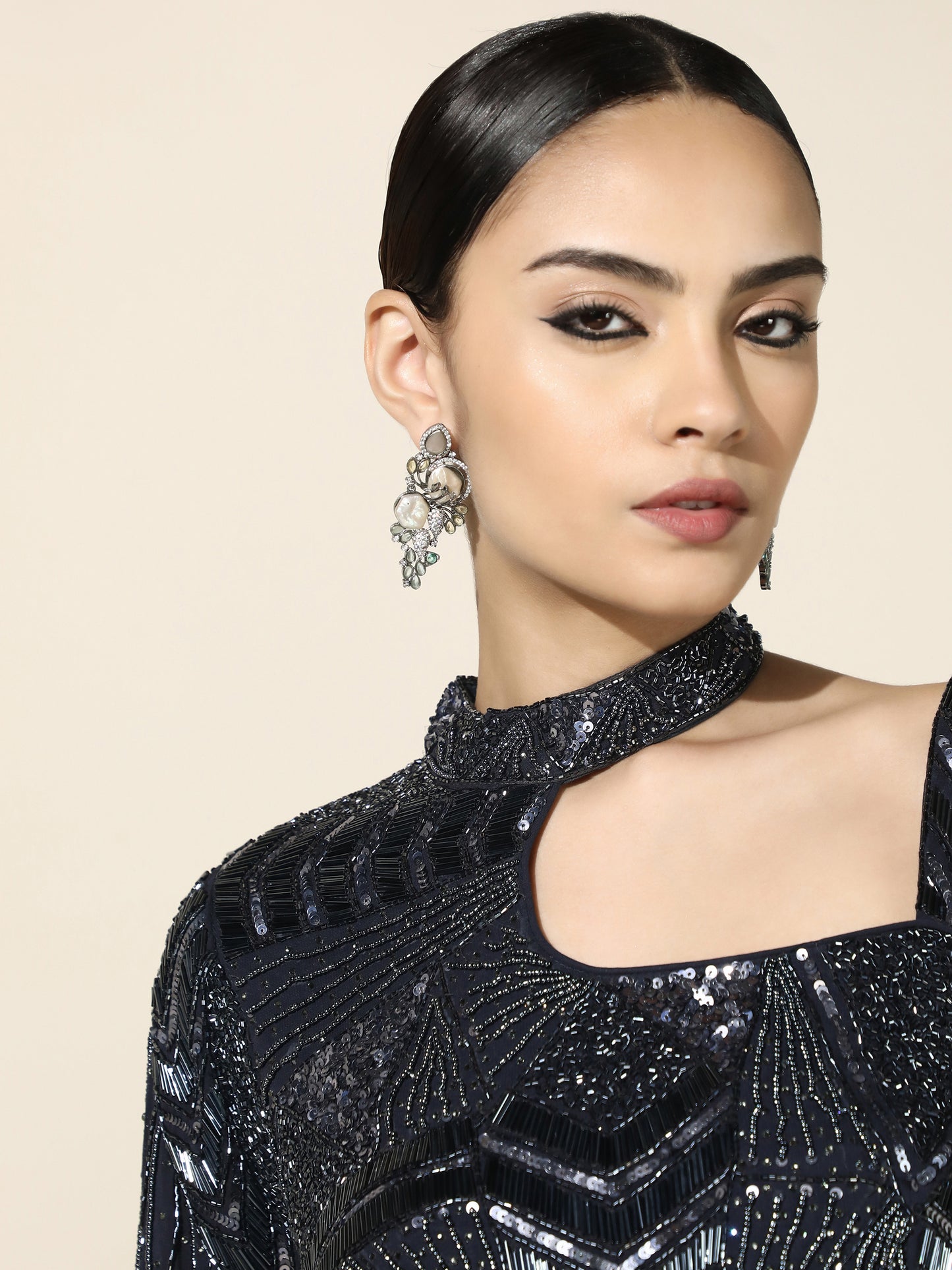 Midnight Blue Swarovski Lehenga with Asymmetrical Choker Cutout Blouse