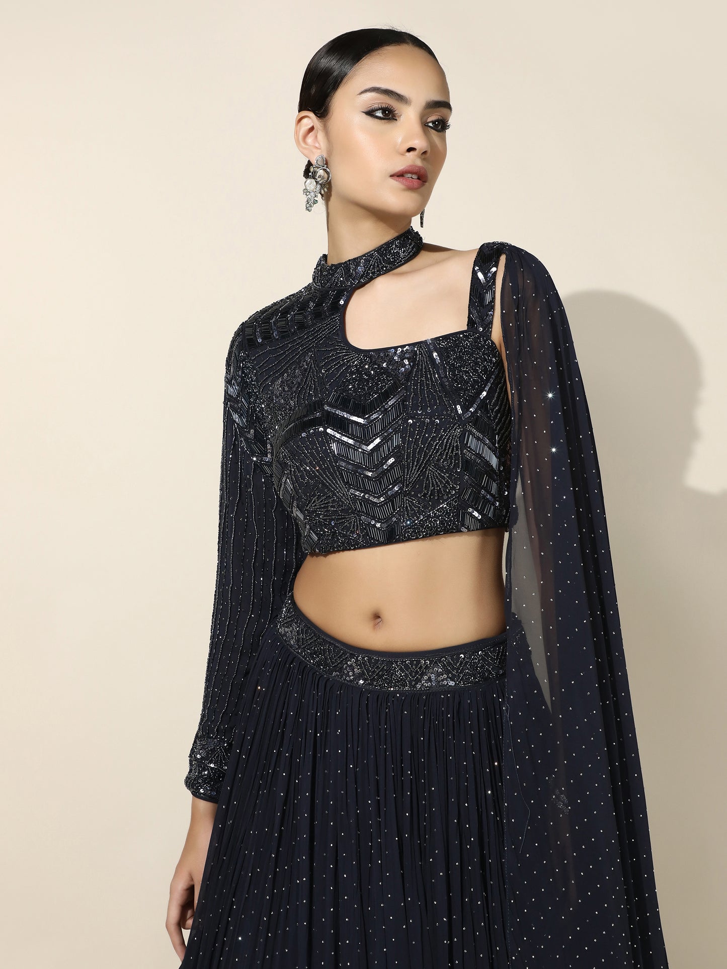 Midnight Blue Swarovski Lehenga with Asymmetrical Choker Cutout Blouse