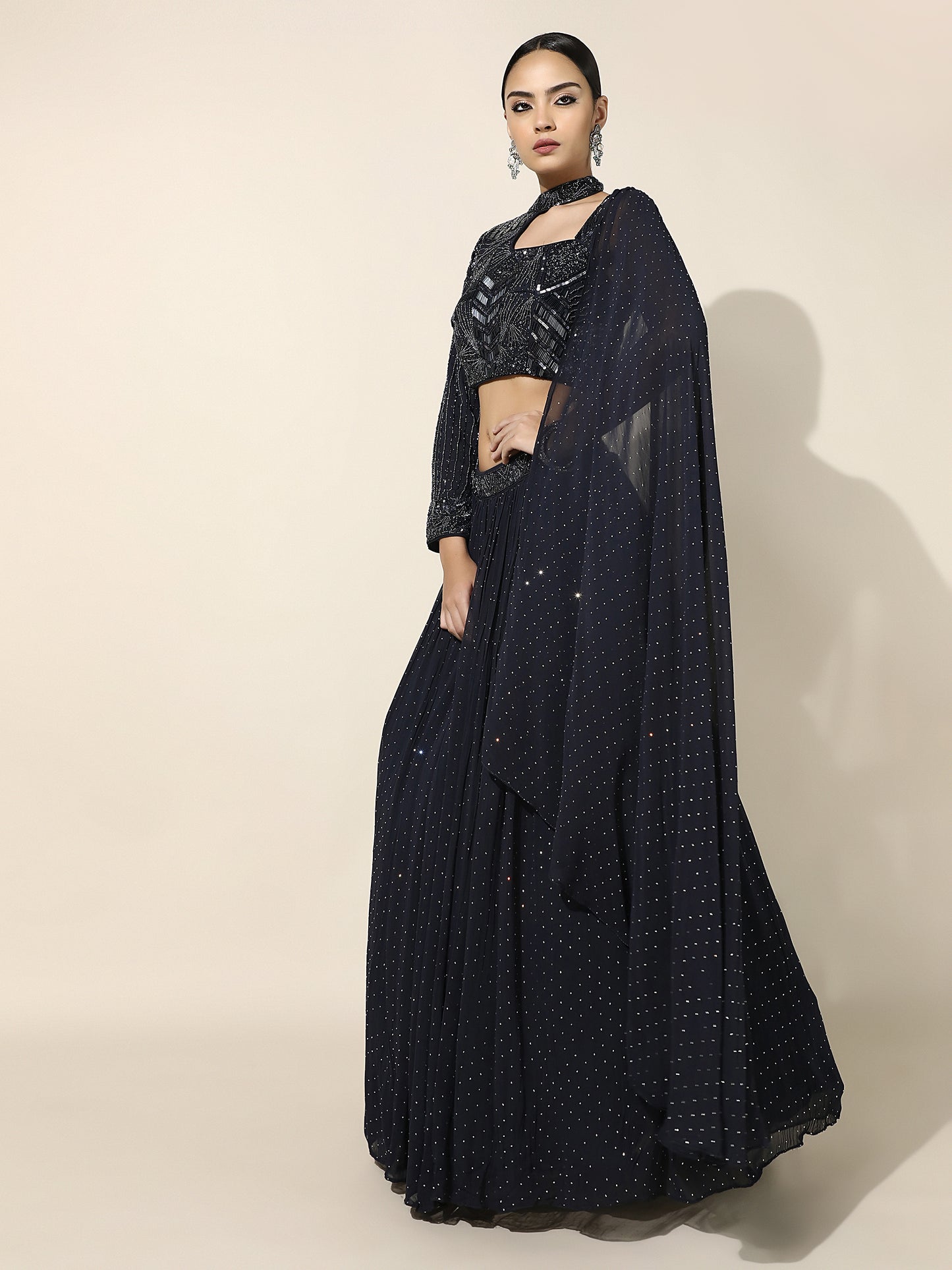 Midnight Blue Swarovski Lehenga with Asymmetrical Choker Cutout Blouse