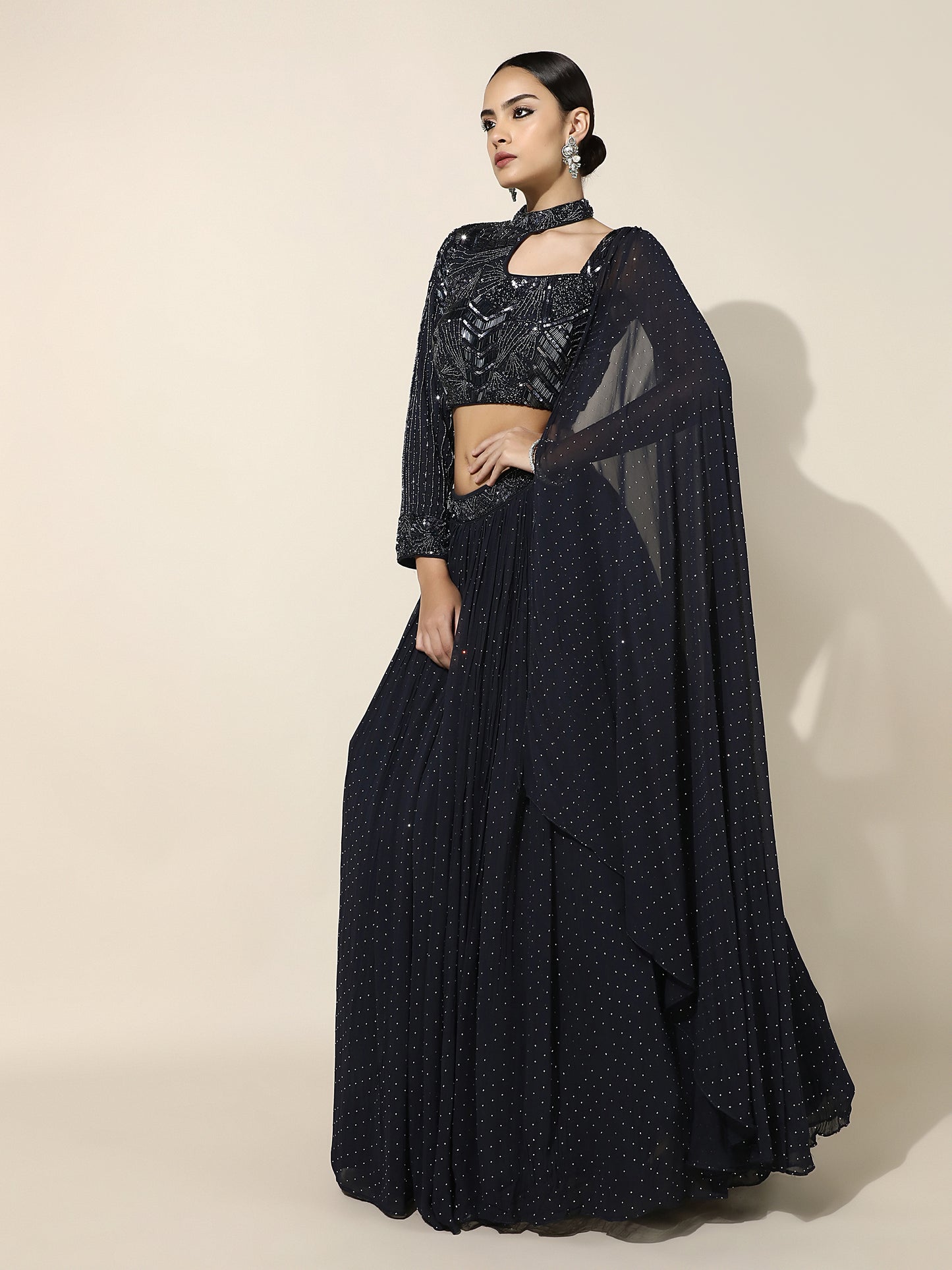Midnight Blue Swarovski Lehenga with Asymmetrical Choker Cutout Blouse