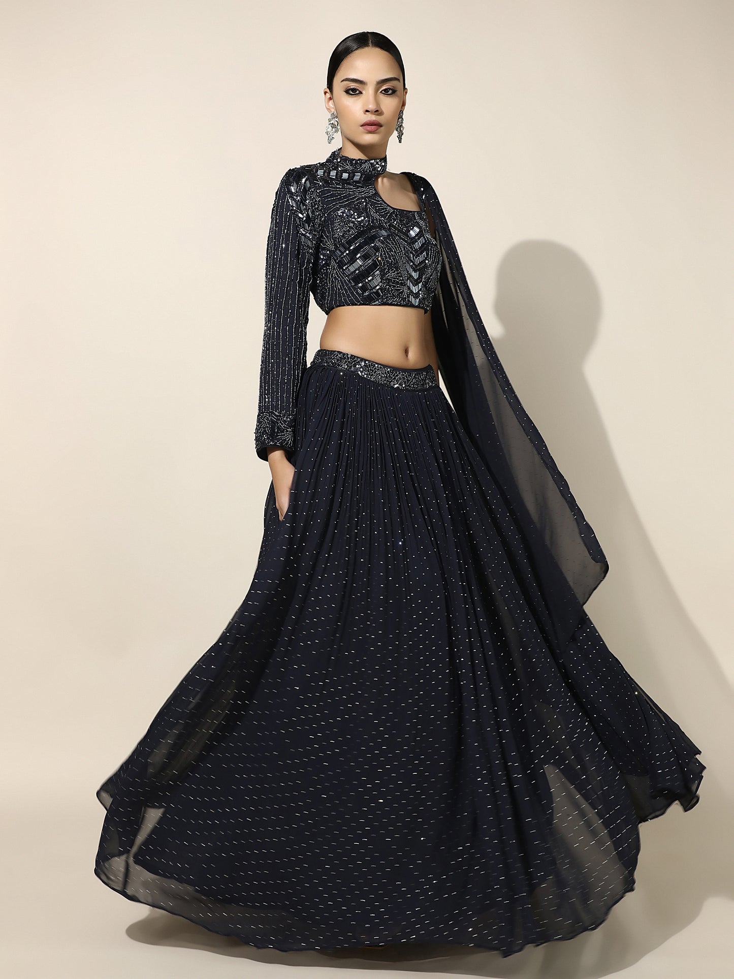 Midnight Blue Swarovski Lehenga with Asymmetrical Choker Cutout Blouse