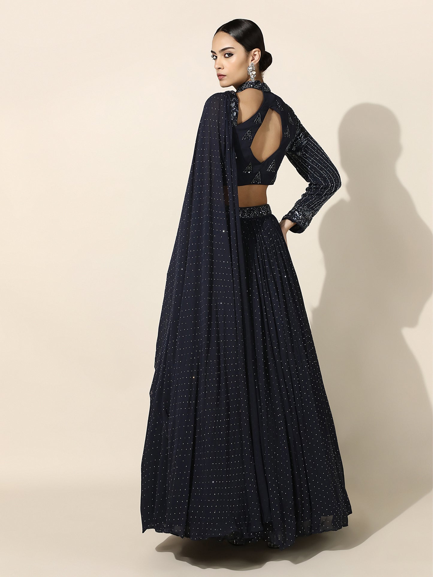 Midnight Blue Swarovski Lehenga with Asymmetrical Choker Cutout Blouse