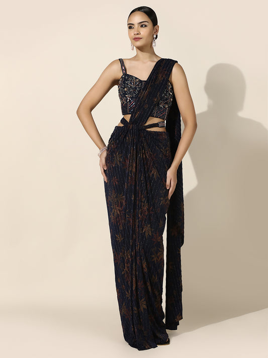 Midnight Blue Printed Vintage Inspired Corset Drape Saree with Front Knot and Belt Detail