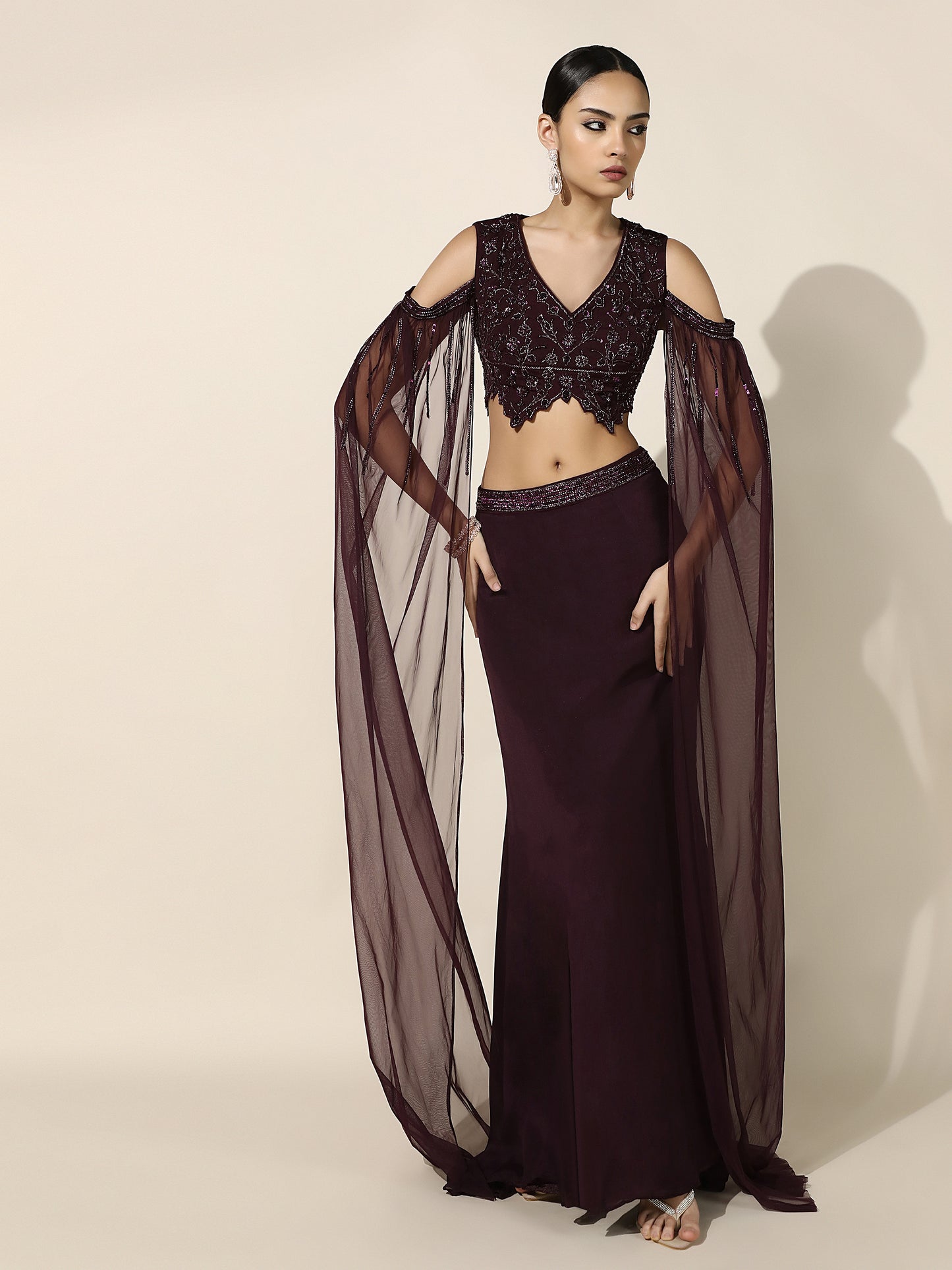 Wine OTB Crepe Set with Geometrical Cutwork Blouse and Attached Cape Sleeves