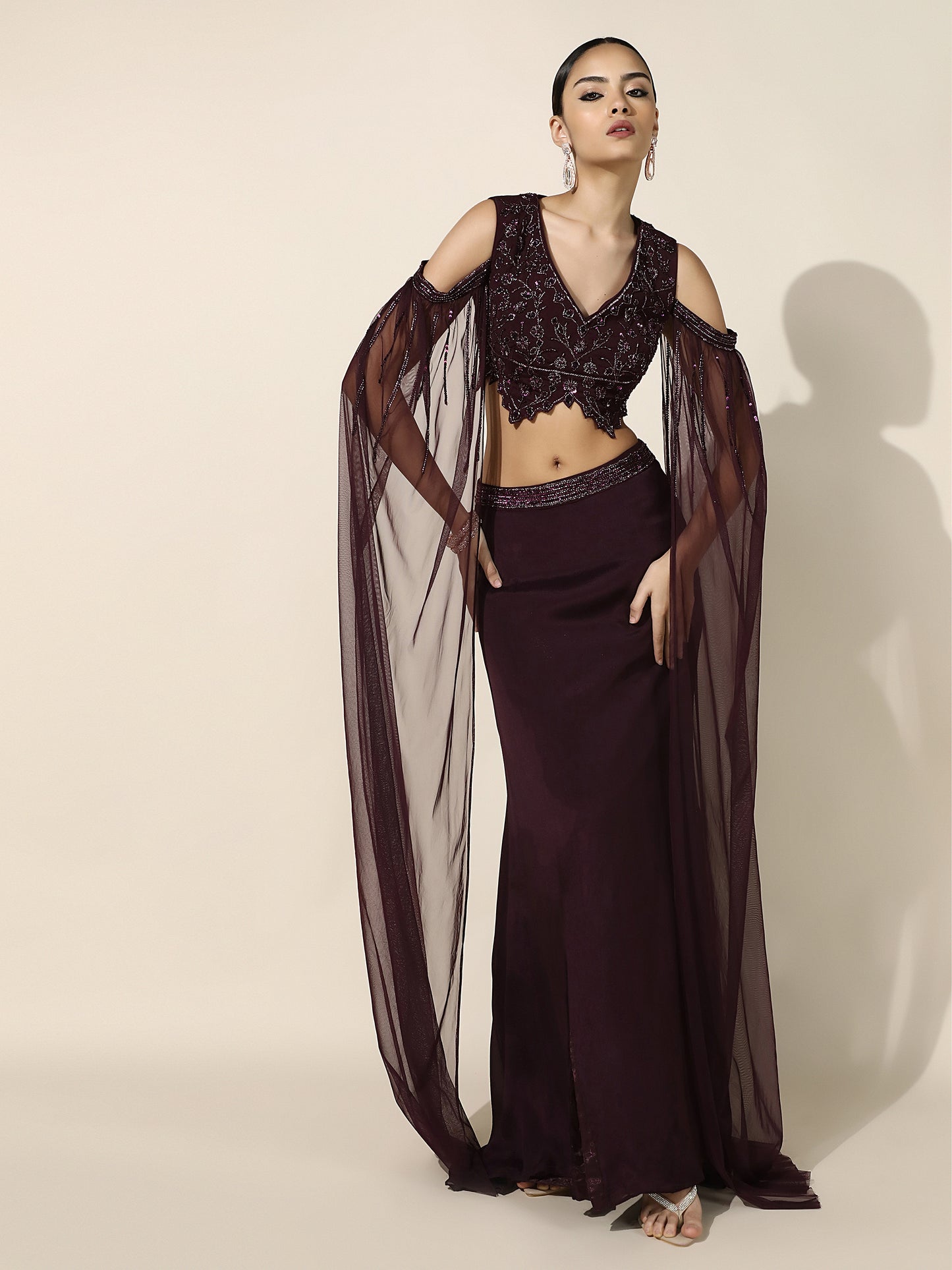 Wine OTB Crepe Set with Geometrical Cutwork Blouse and Attached Cape Sleeves
