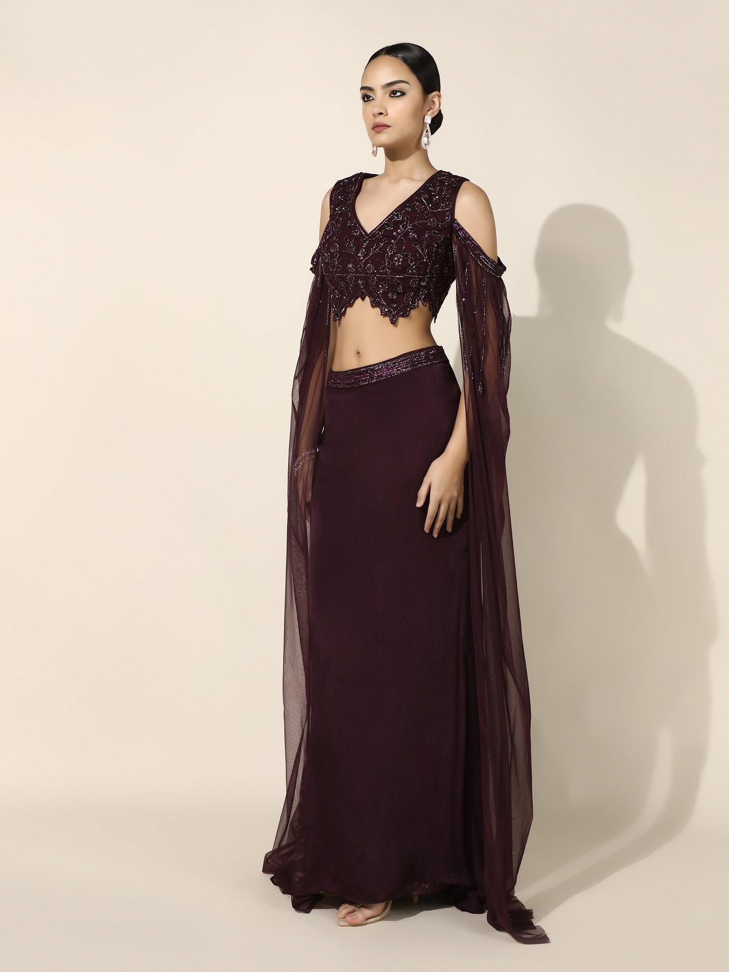 Wine OTB Crepe Set with Geometrical Cutwork Blouse and Attached Cape Sleeves