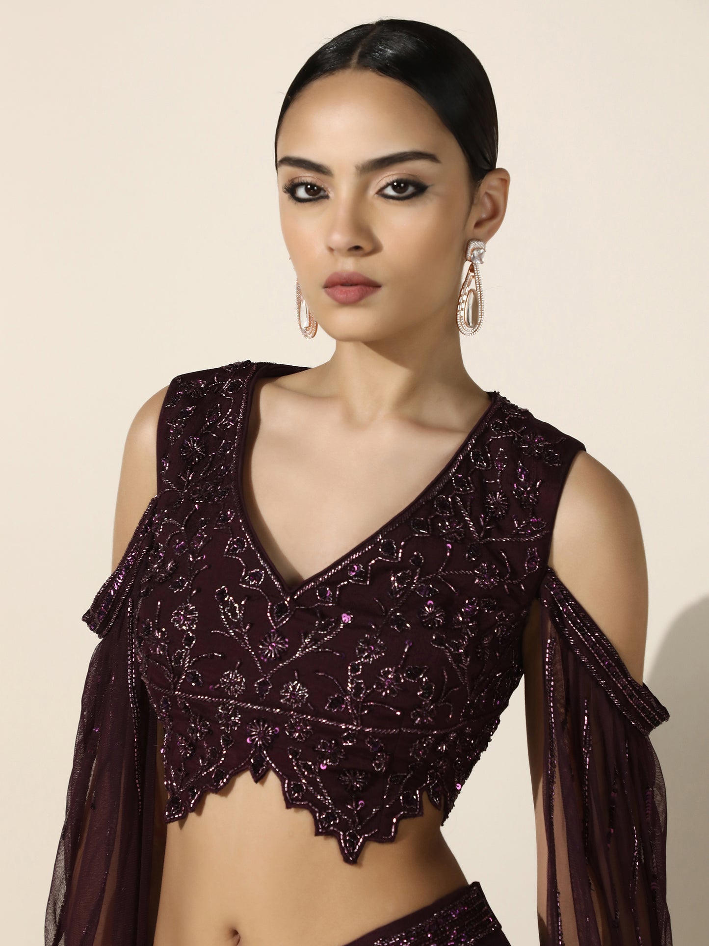 Wine OTB Crepe Set with Geometrical Cutwork Blouse and Attached Cape Sleeves