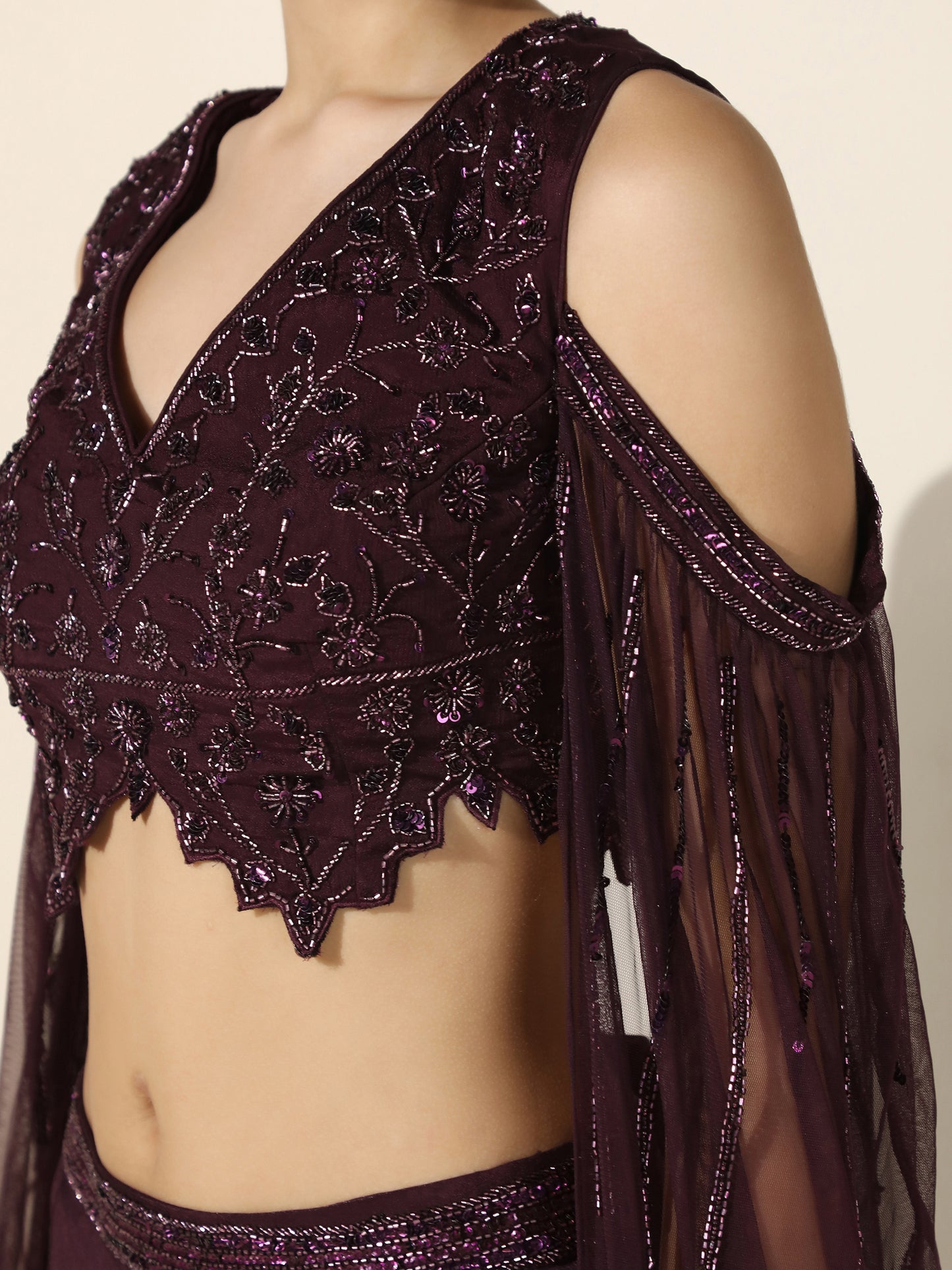 Wine OTB Crepe Set with Geometrical Cutwork Blouse and Attached Cape Sleeves