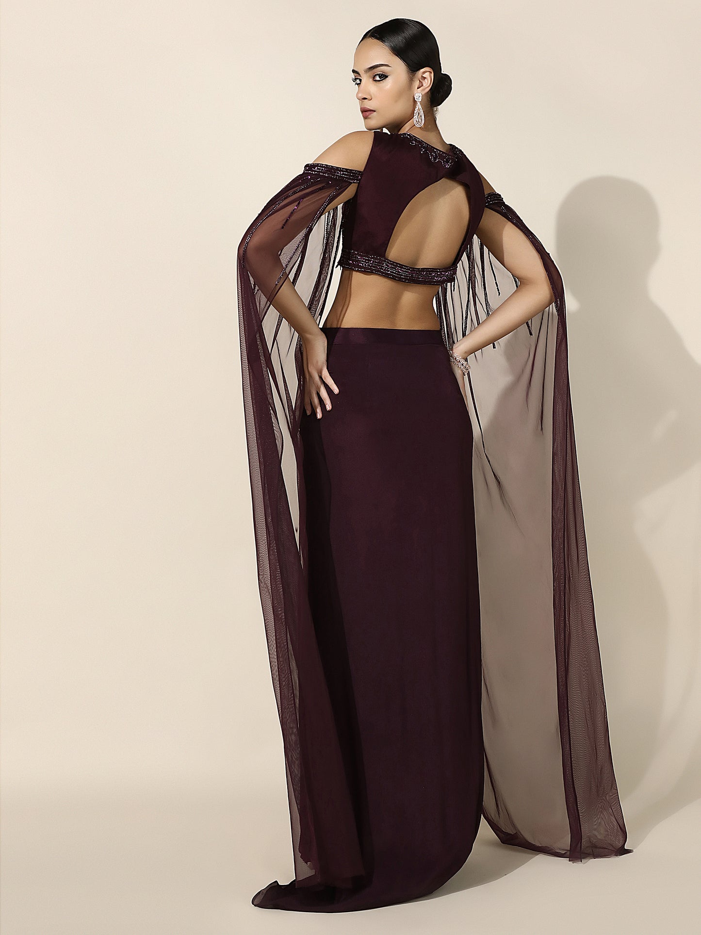 Wine OTB Crepe Set with Geometrical Cutwork Blouse and Attached Cape Sleeves
