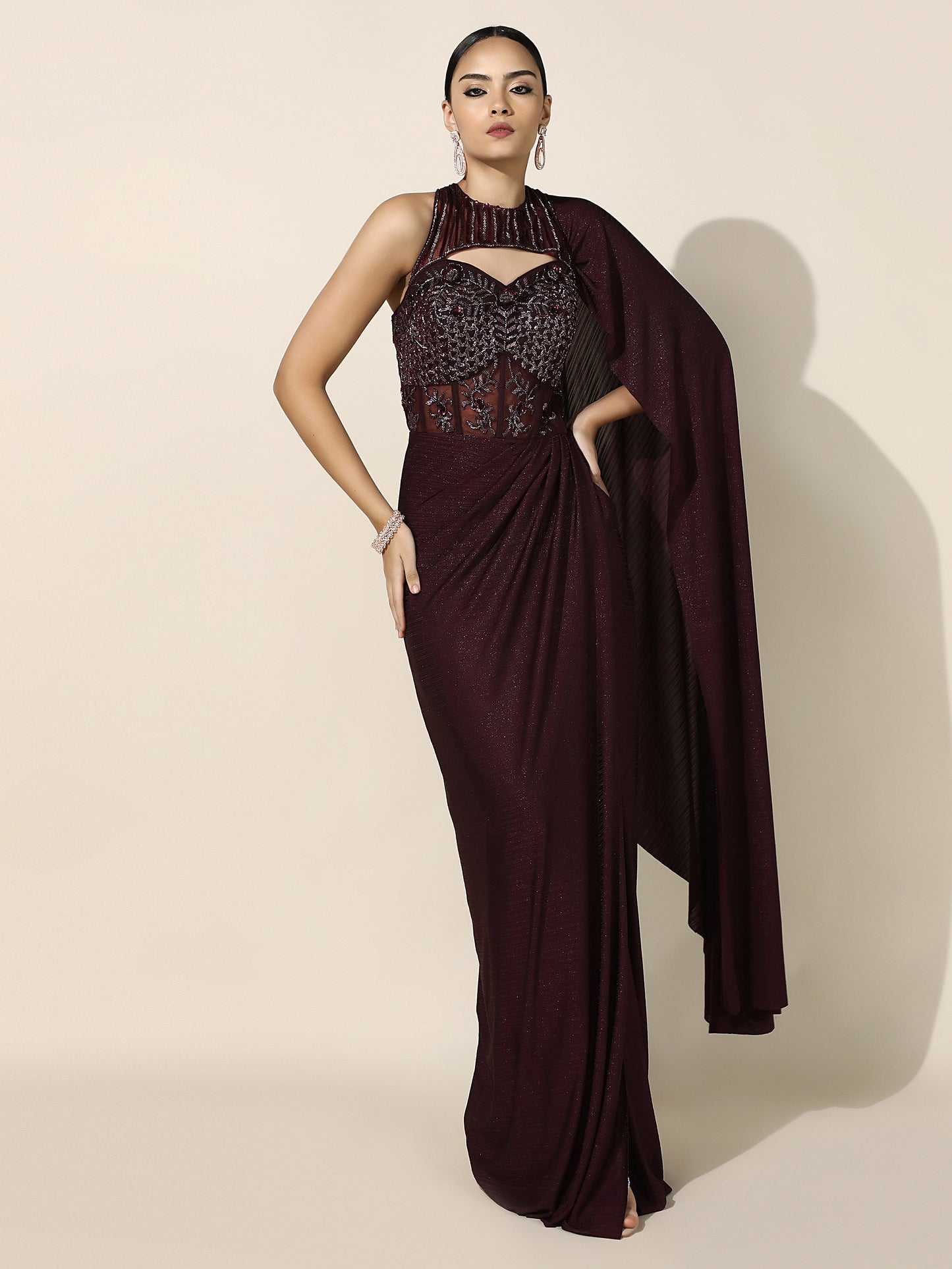 Wine Halter Corset Drape Gown with Antique Silver Embroidery