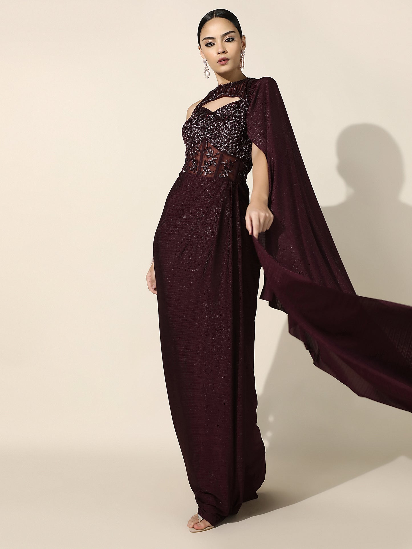 Wine Halter Corset Drape Gown with Antique Silver Embroidery