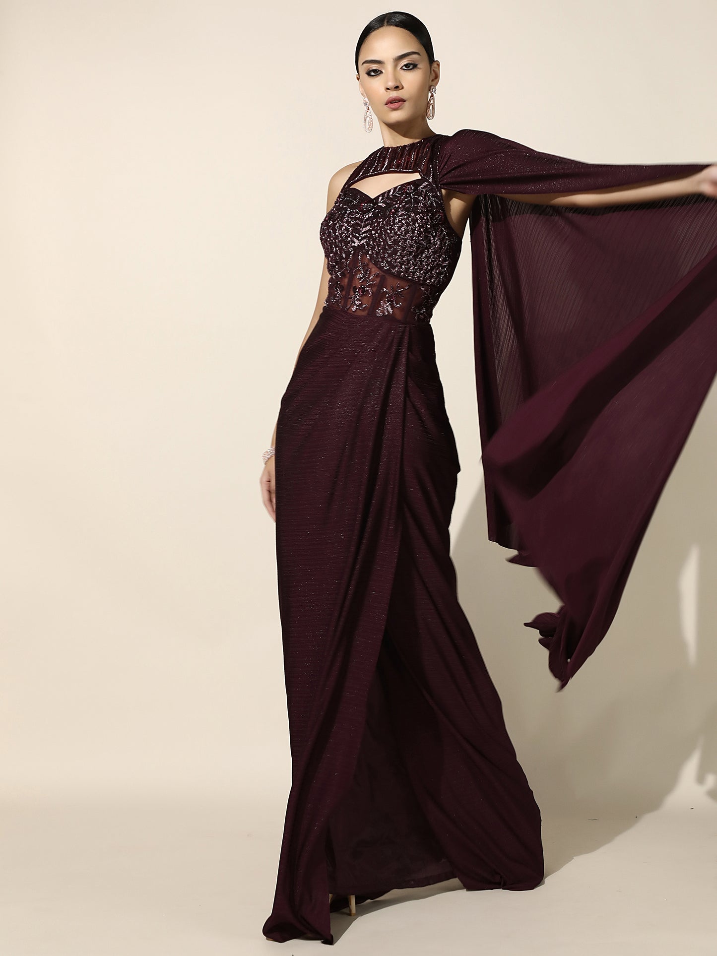 Wine Halter Corset Drape Gown with Antique Silver Embroidery