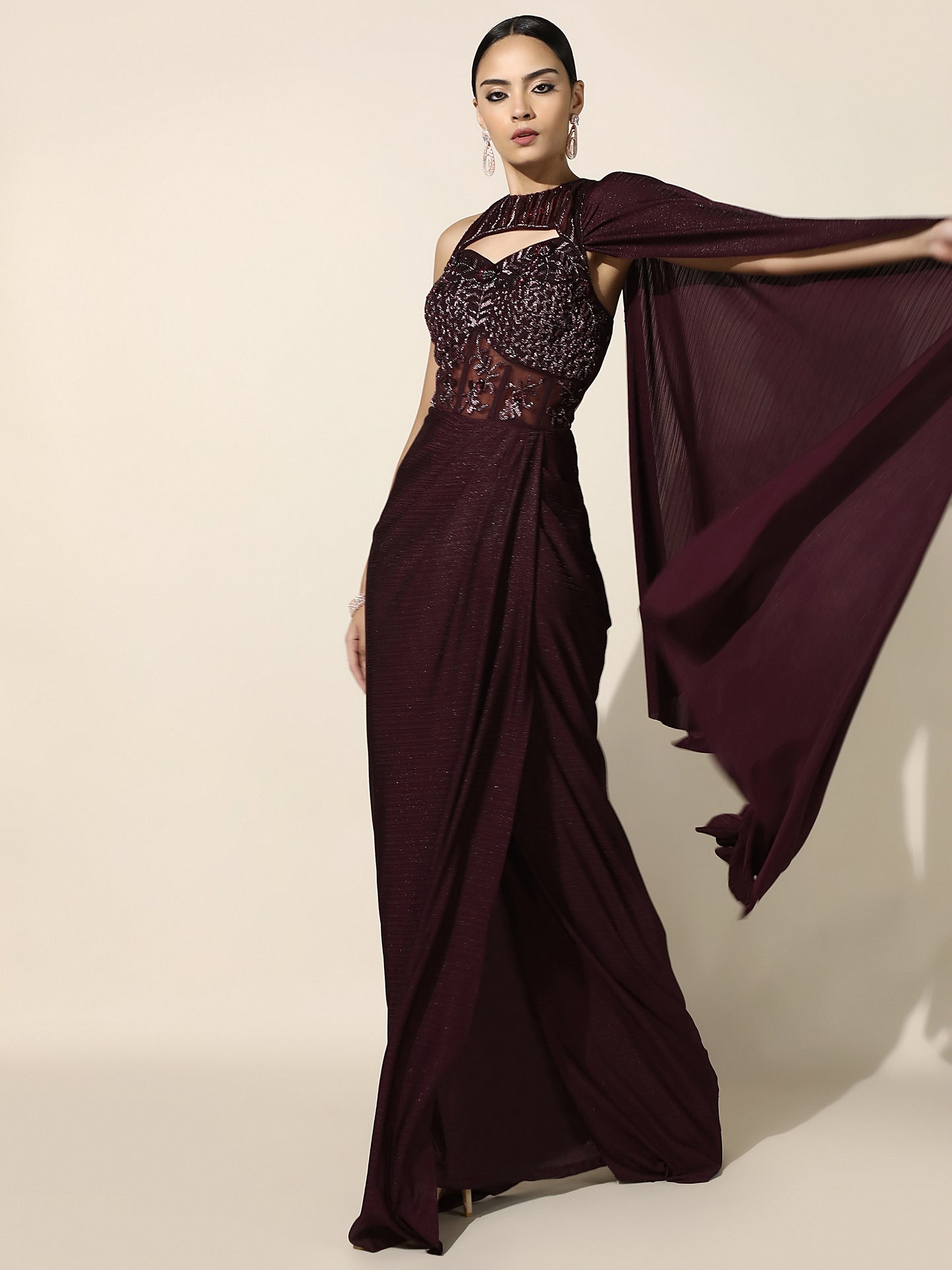 Wine Halter Corset Drape Gown with Antique Silver Embroidery