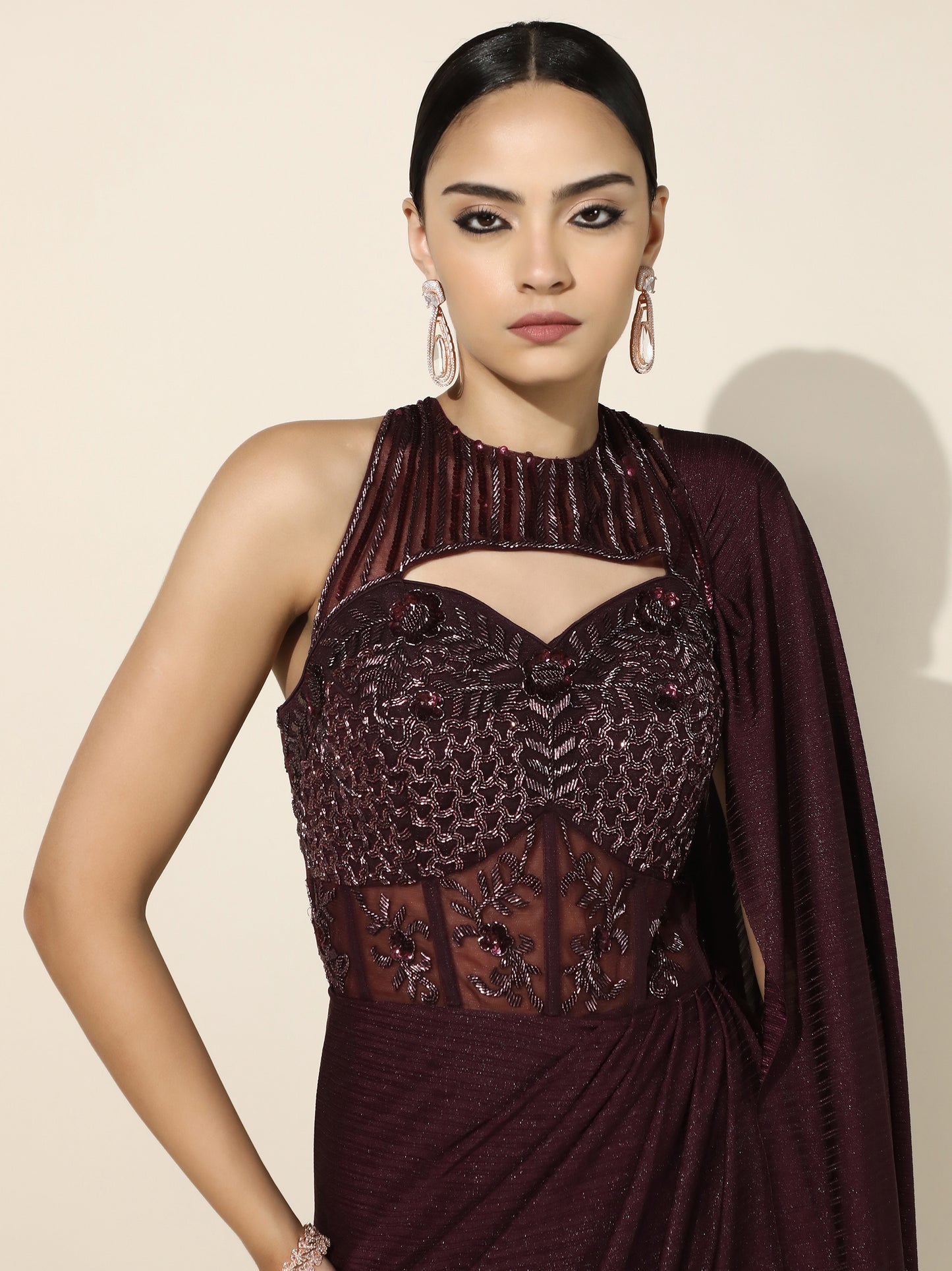 Wine Halter Corset Drape Gown with Antique Silver Embroidery