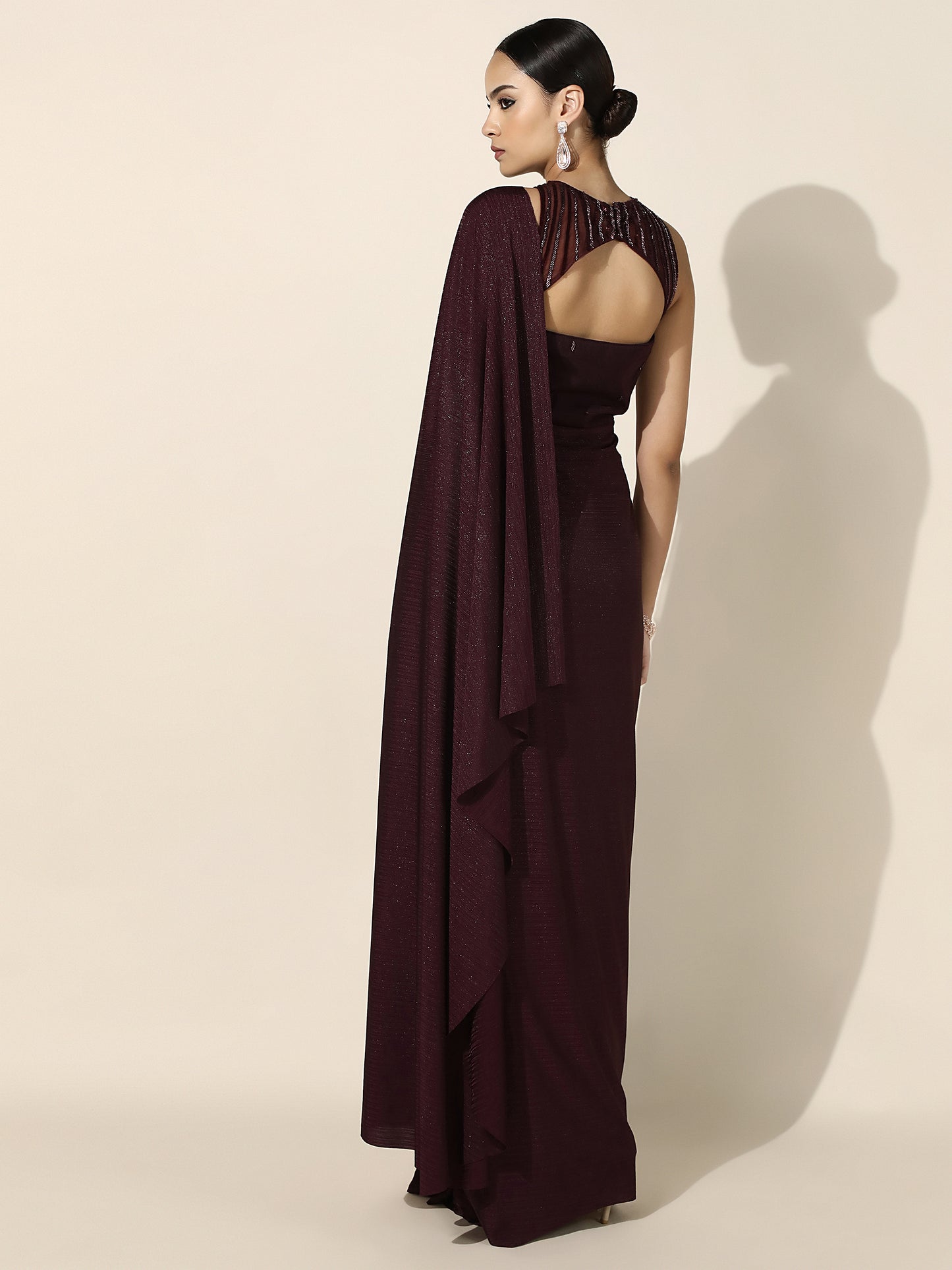 Wine Halter Corset Drape Gown with Antique Silver Embroidery