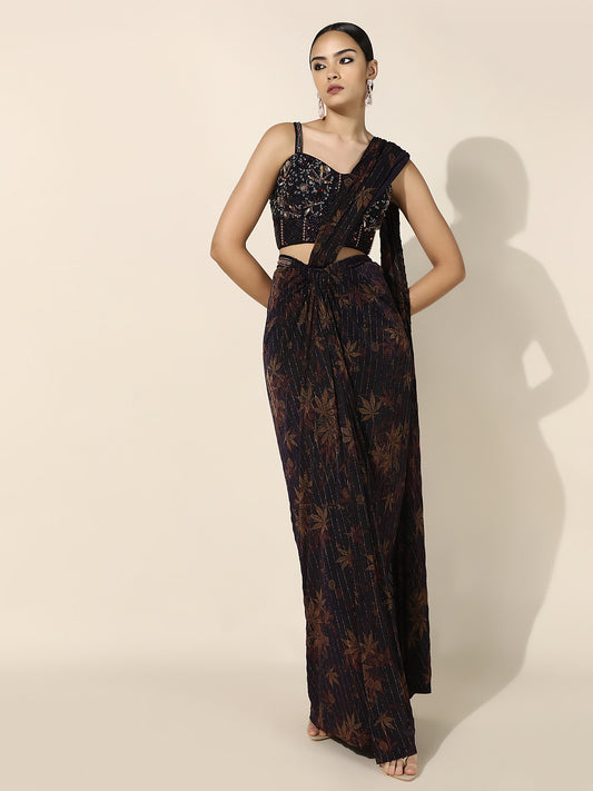 Purple Printed Vintage Inspired Corset Drape Saree with Front Knot and Belt Detail