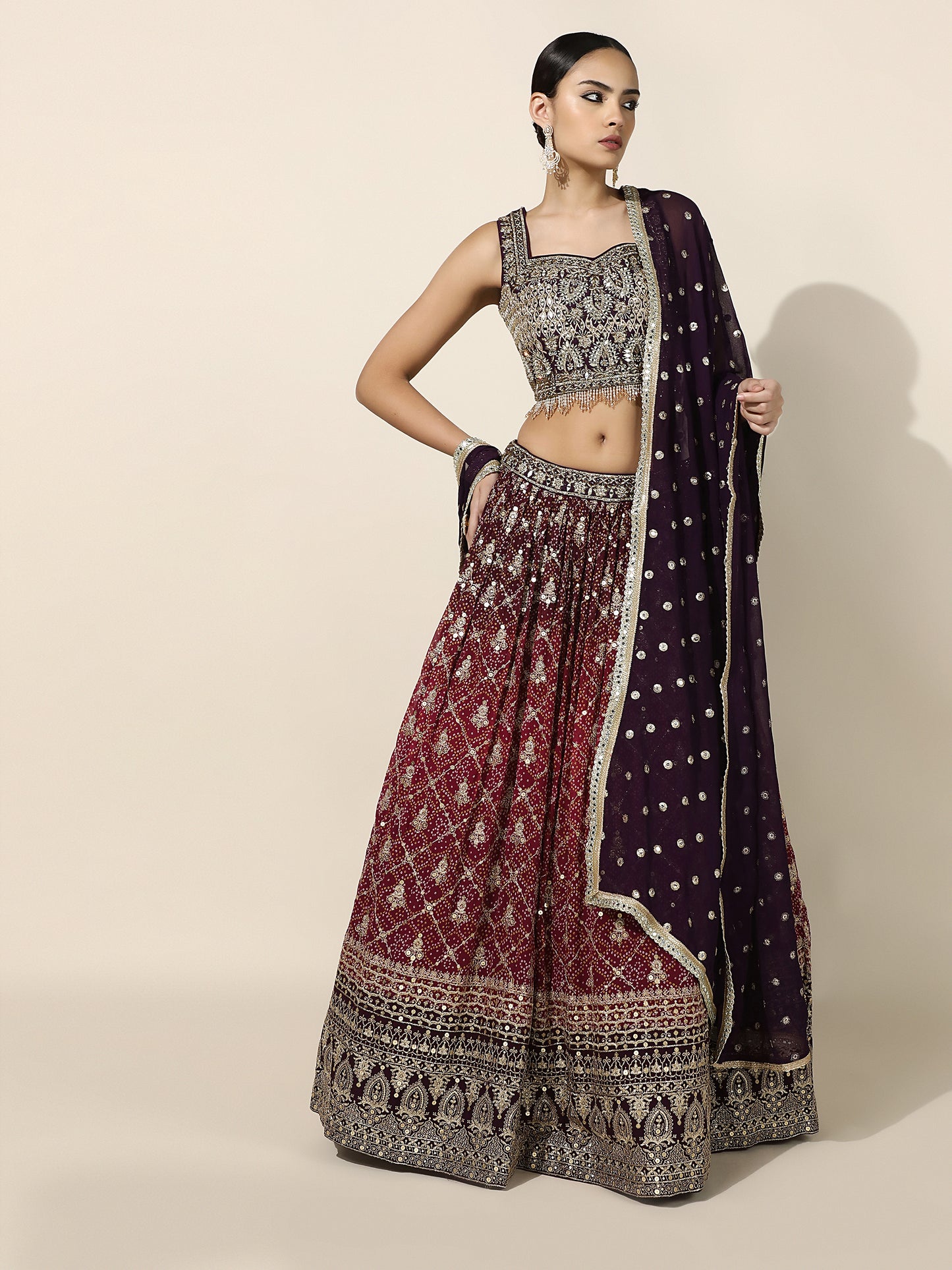 Maroon and Purple Bandhini Mirror-Work Lehenga