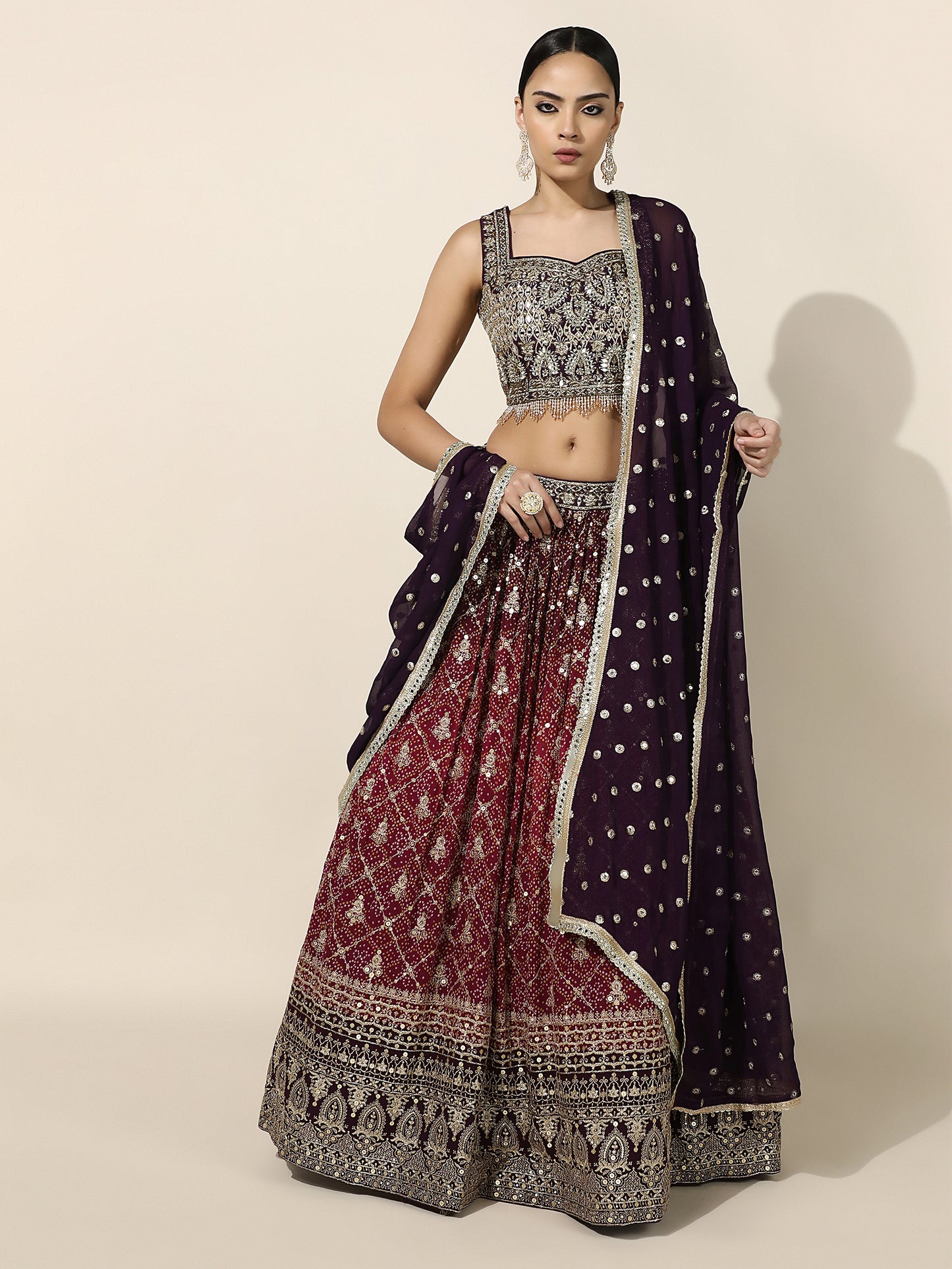 Maroon and Purple Bandhini Mirror-Work Lehenga