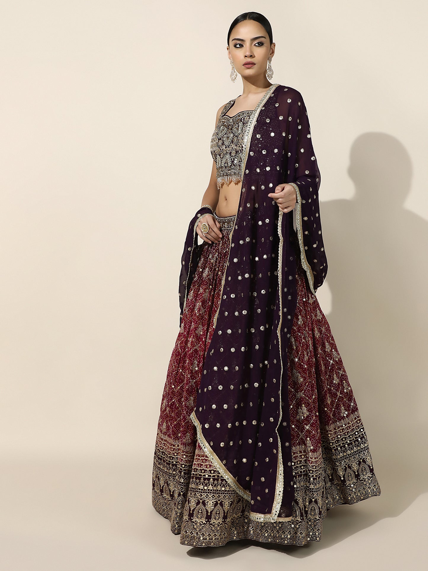 Maroon and Purple Bandhini Mirror-Work Lehenga