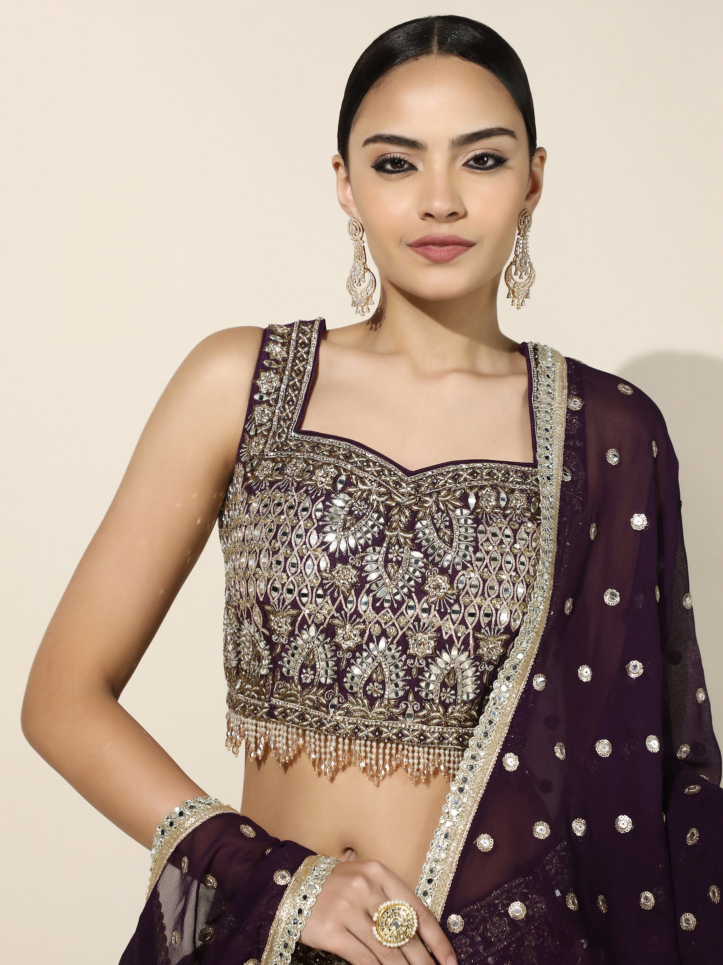 Maroon and Purple Bandhini Mirror-Work Lehenga