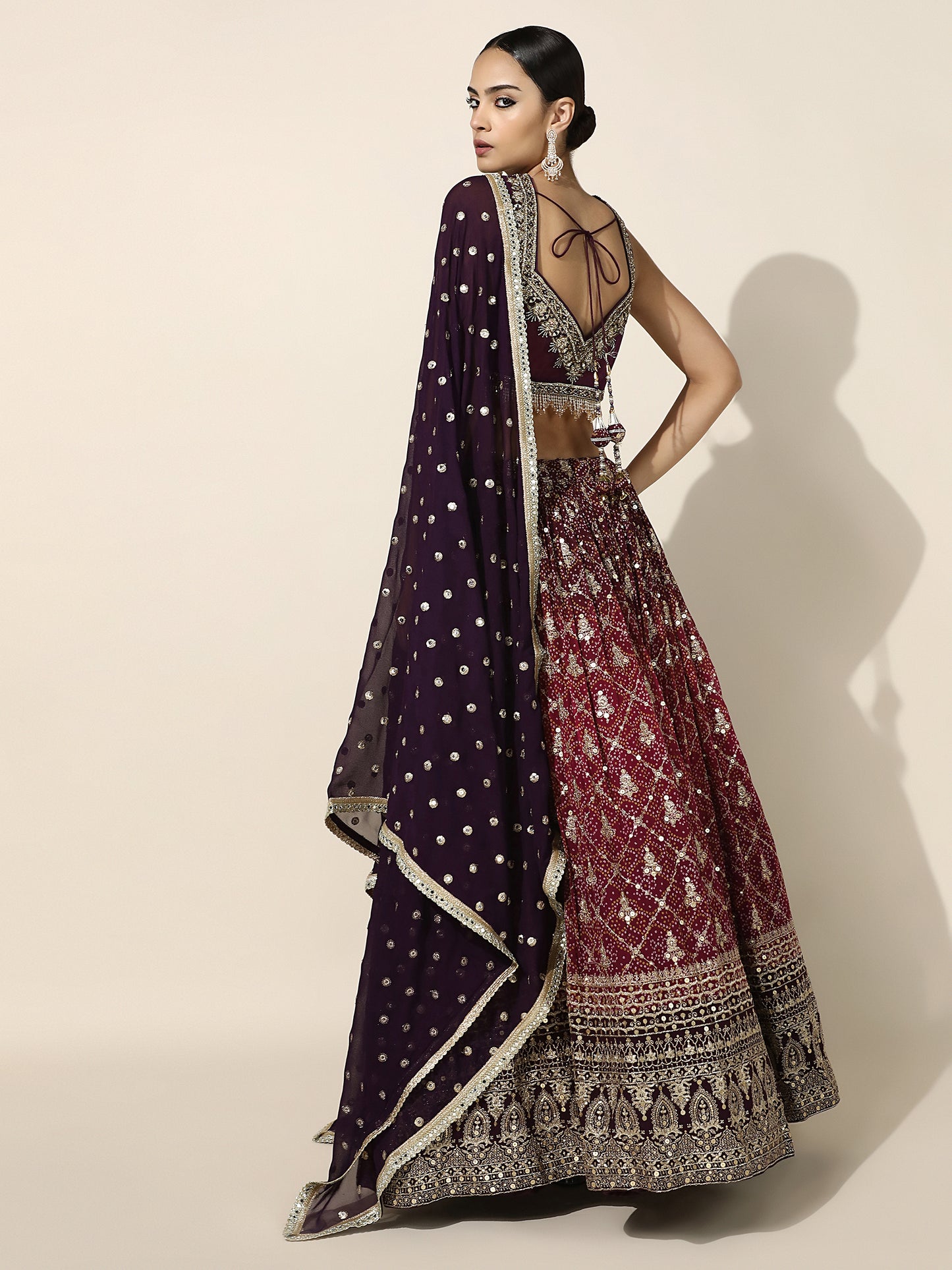 Maroon and Purple Bandhini Mirror-Work Lehenga