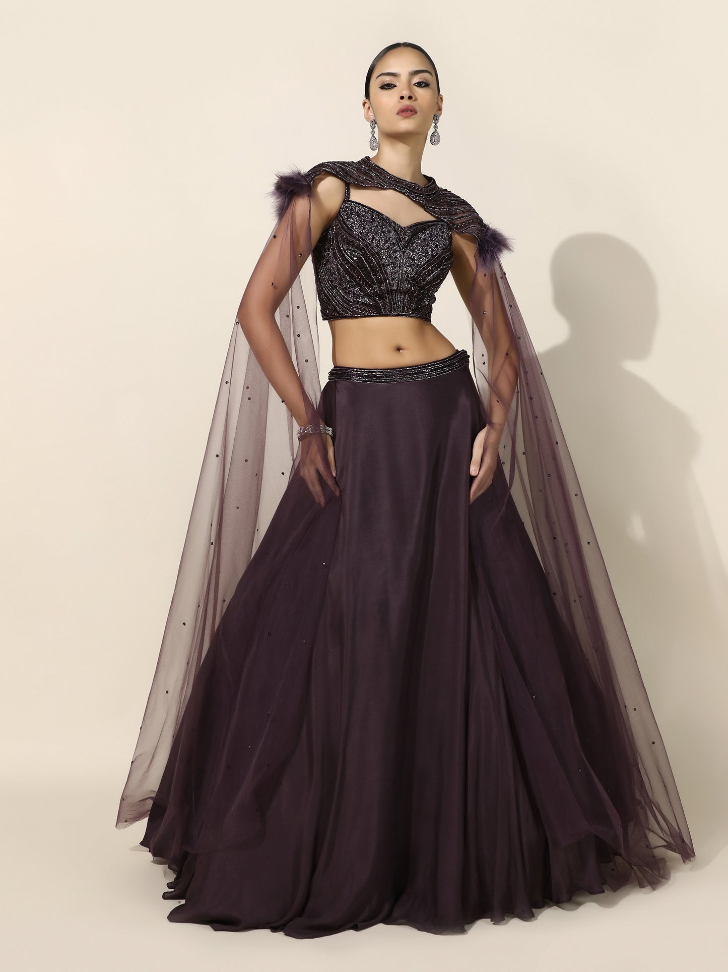 Purple Crepe Lehenga with Embroidered Shoulder Cape and Feather Detail