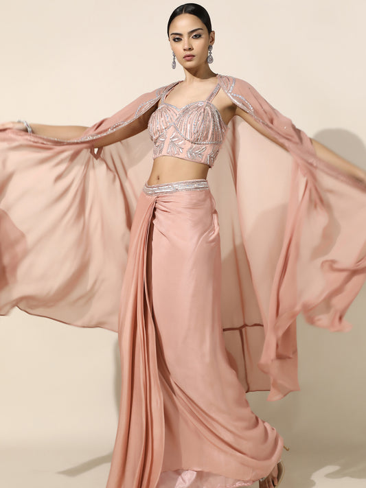 Rose Gold Sequin Work Drape Set with Pleated Skirt and Sheer Cape