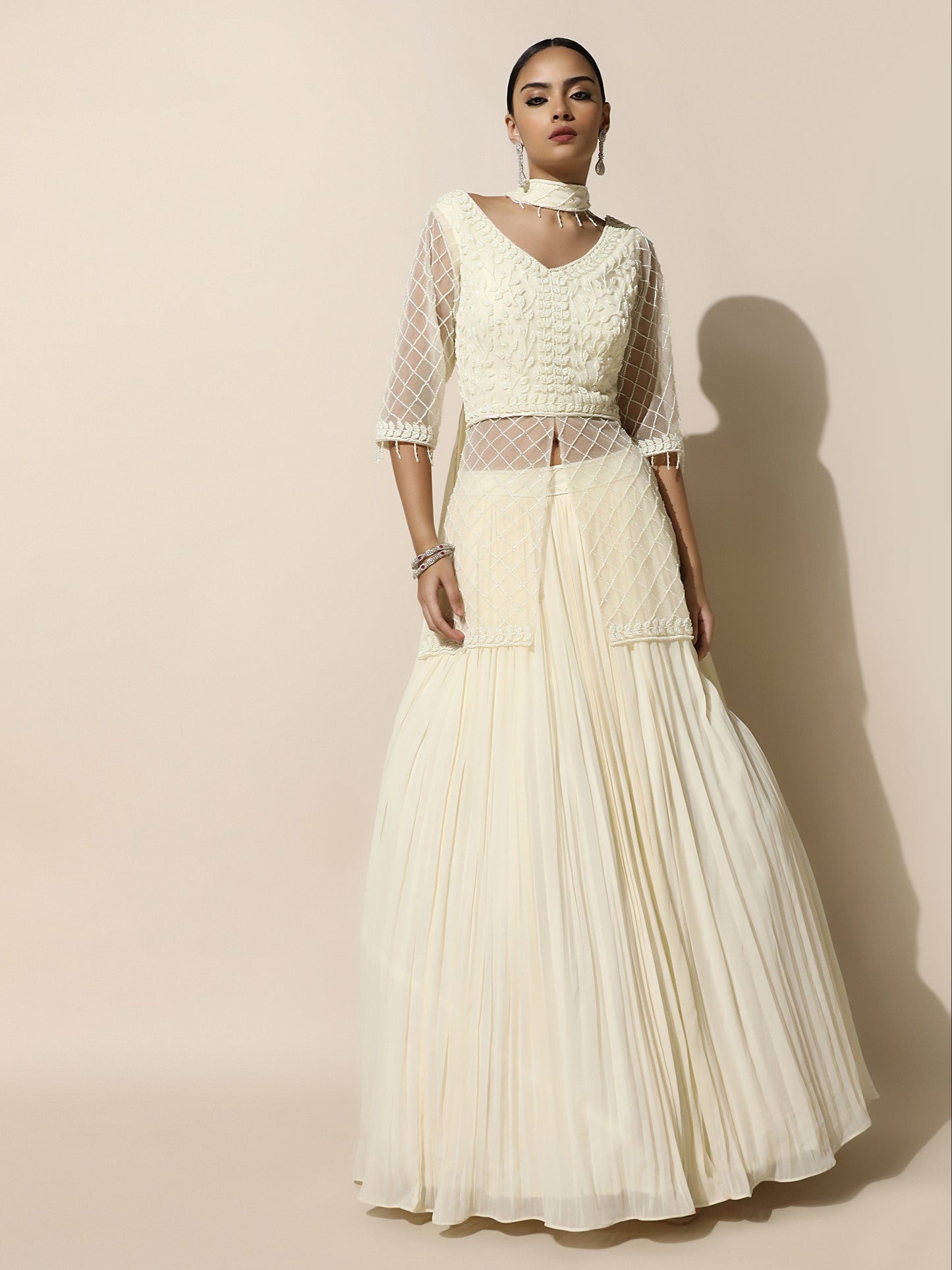 Ivory Indo-Western Jacket Style Lehenga with Choker Dupatta