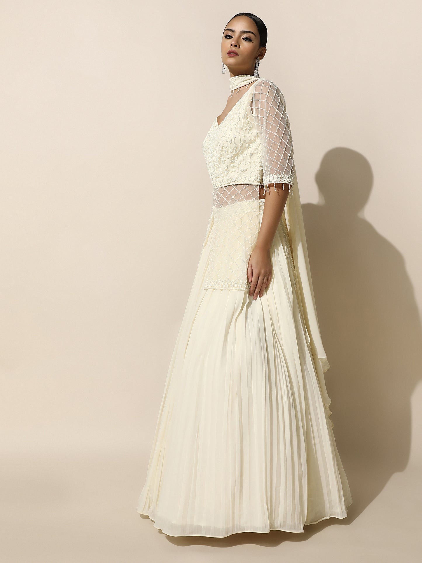 Ivory Indo-Western Jacket Style Lehenga with Choker Dupatta