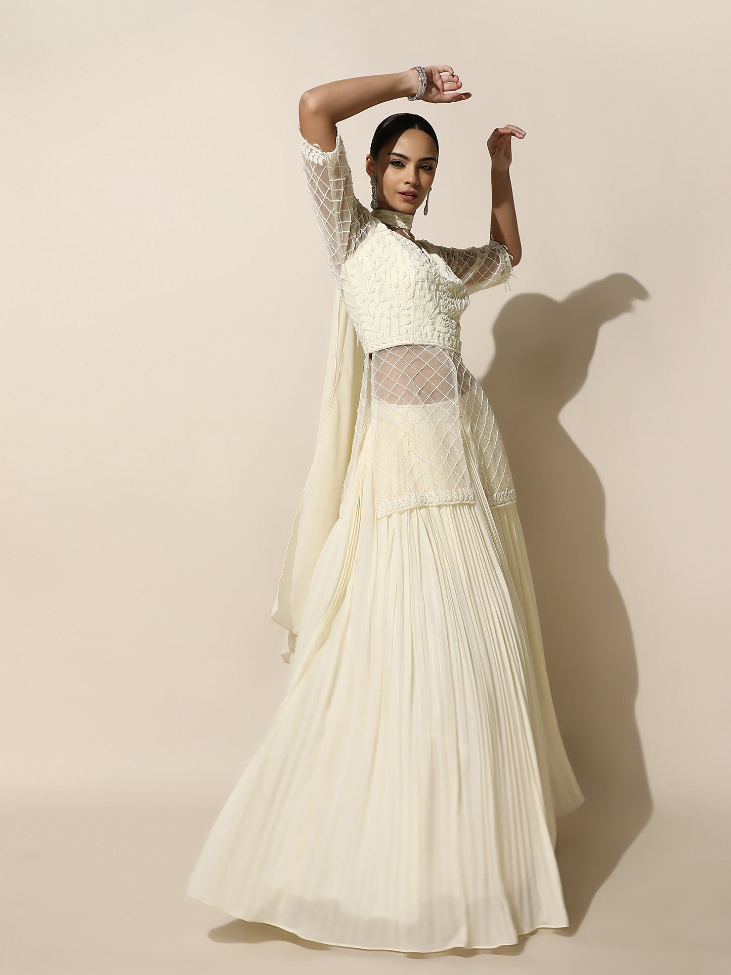 Ivory Indo-Western Jacket Style Lehenga with Choker Dupatta