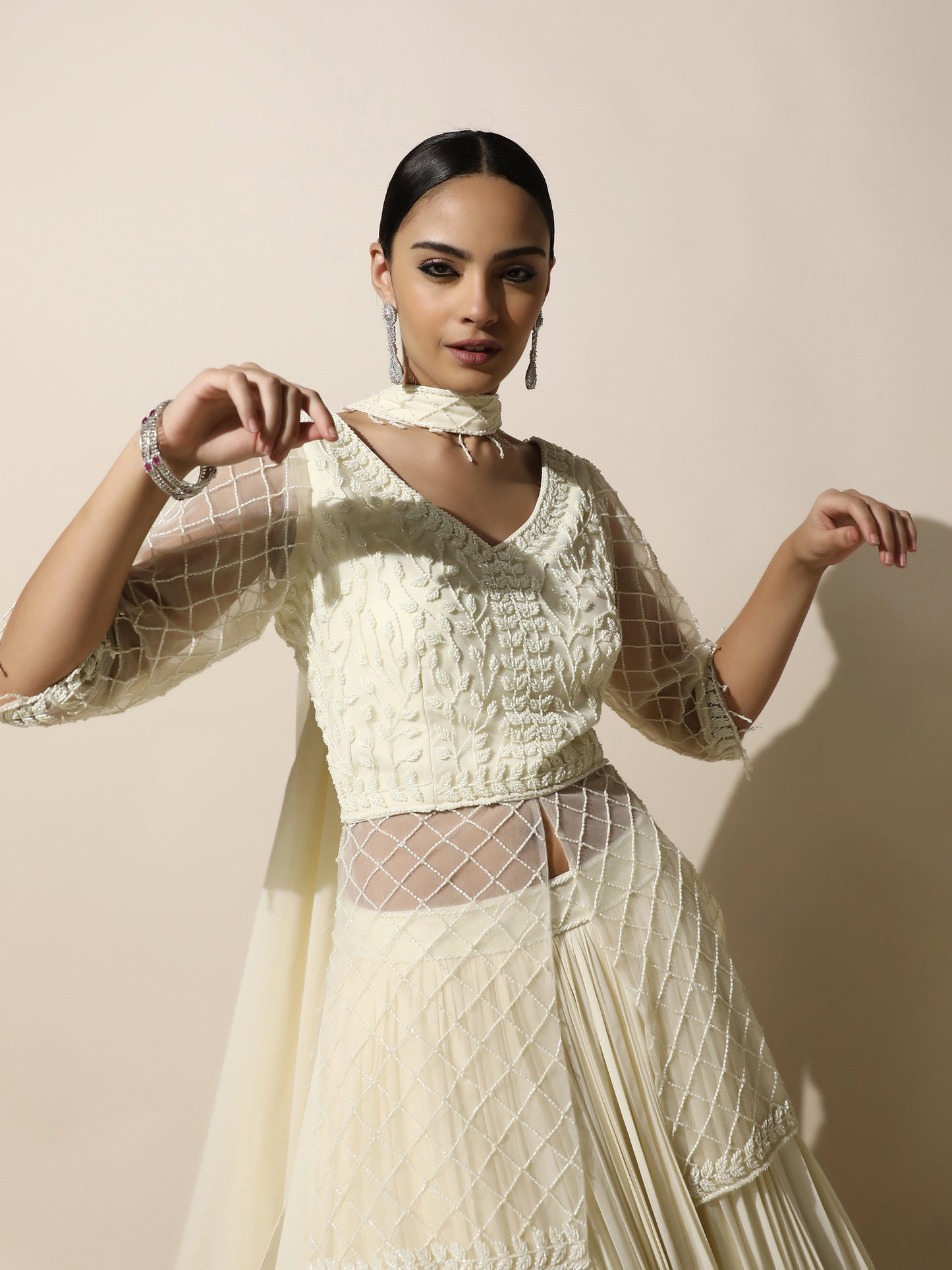 Ivory Indo-Western Jacket Style Lehenga with Choker Dupatta