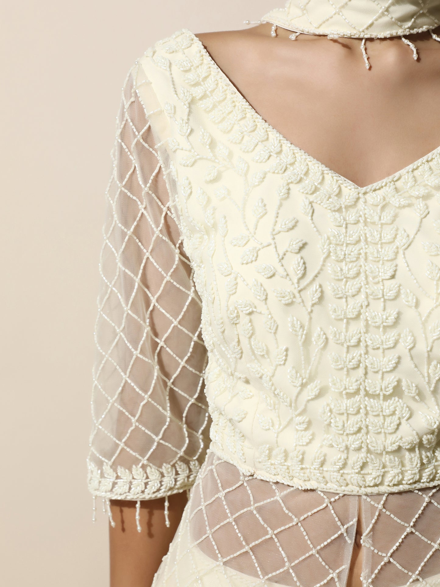 Ivory Indo-Western Jacket Style Lehenga with Choker Dupatta