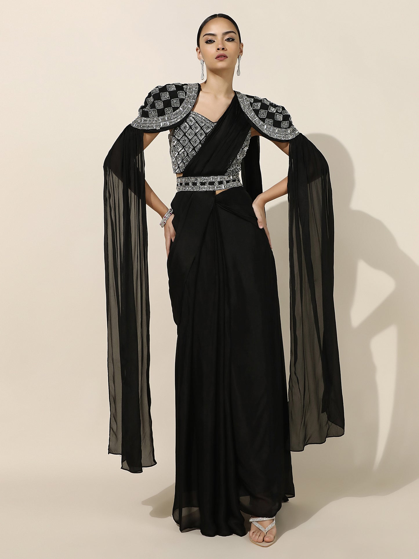 Black Crepe Drape Saree with Shoulder Embellished Cape and Detachable Belt