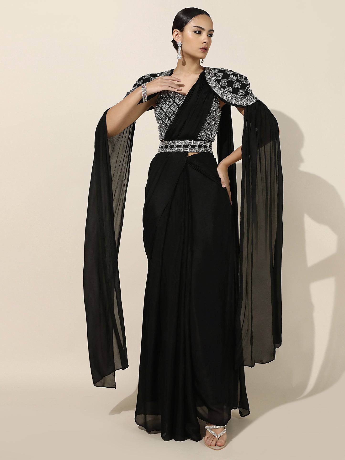 Black Crepe Drape Saree with Shoulder Embellished Cape and Detachable Belt