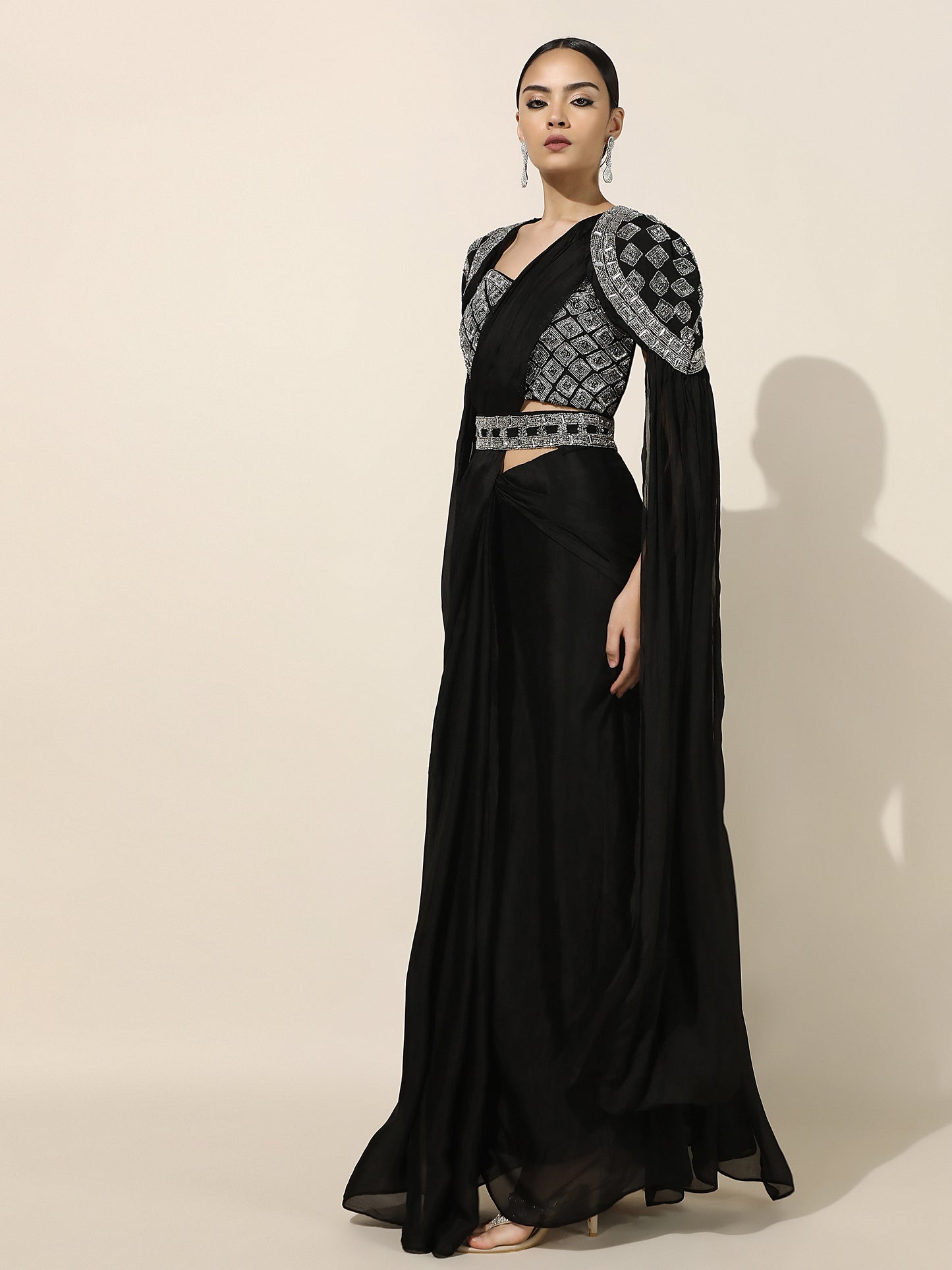 Black Crepe Drape Saree with Shoulder Embellished Cape and Detachable Belt