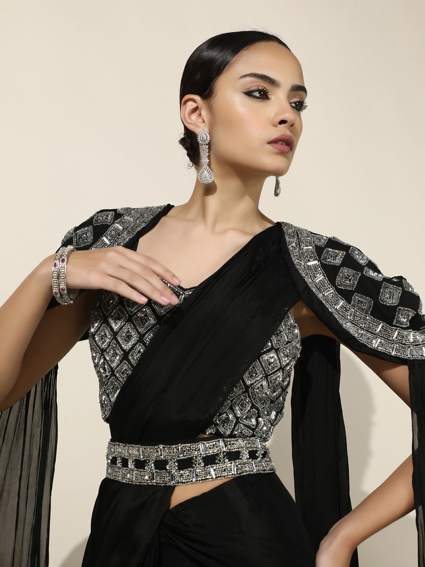 Black Crepe Drape Saree with Shoulder Embellished Cape and Detachable Belt