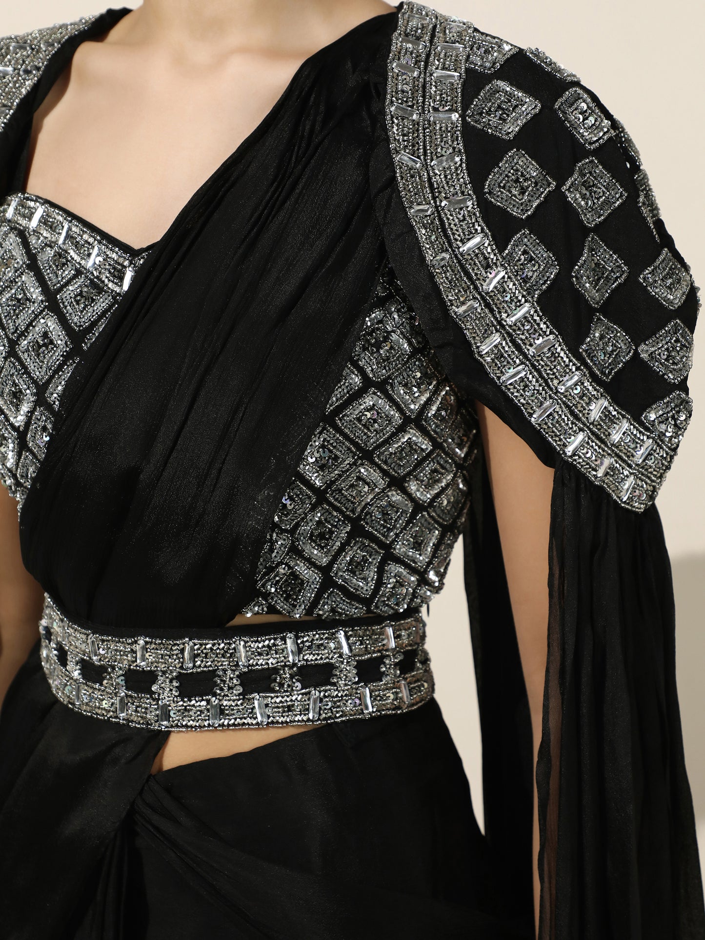 Black Crepe Drape Saree with Shoulder Embellished Cape and Detachable Belt